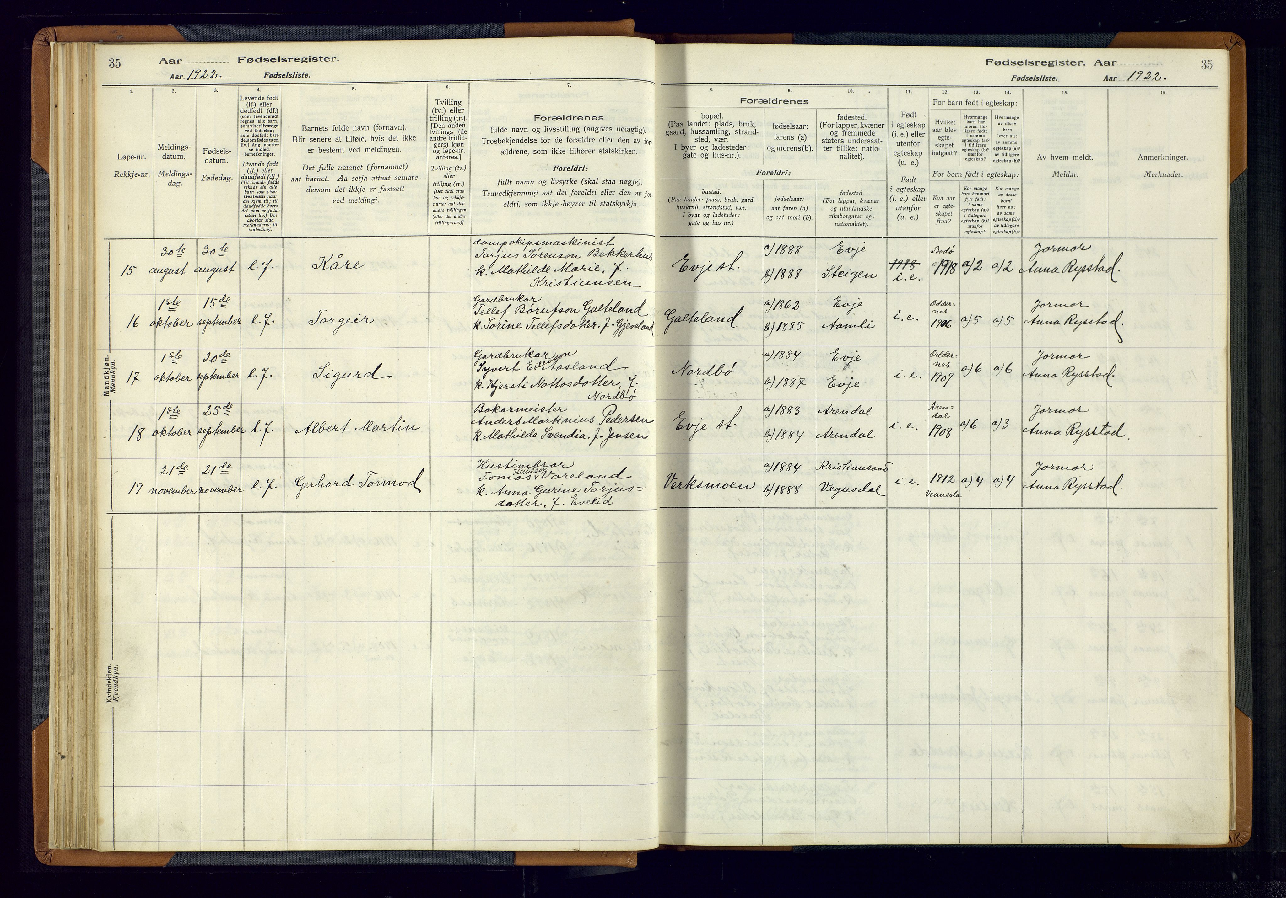 Evje sokneprestkontor, AV/SAK-1111-0008/J/Jc/L0004: Birth register no. 4, 1916-1968, p. 35
