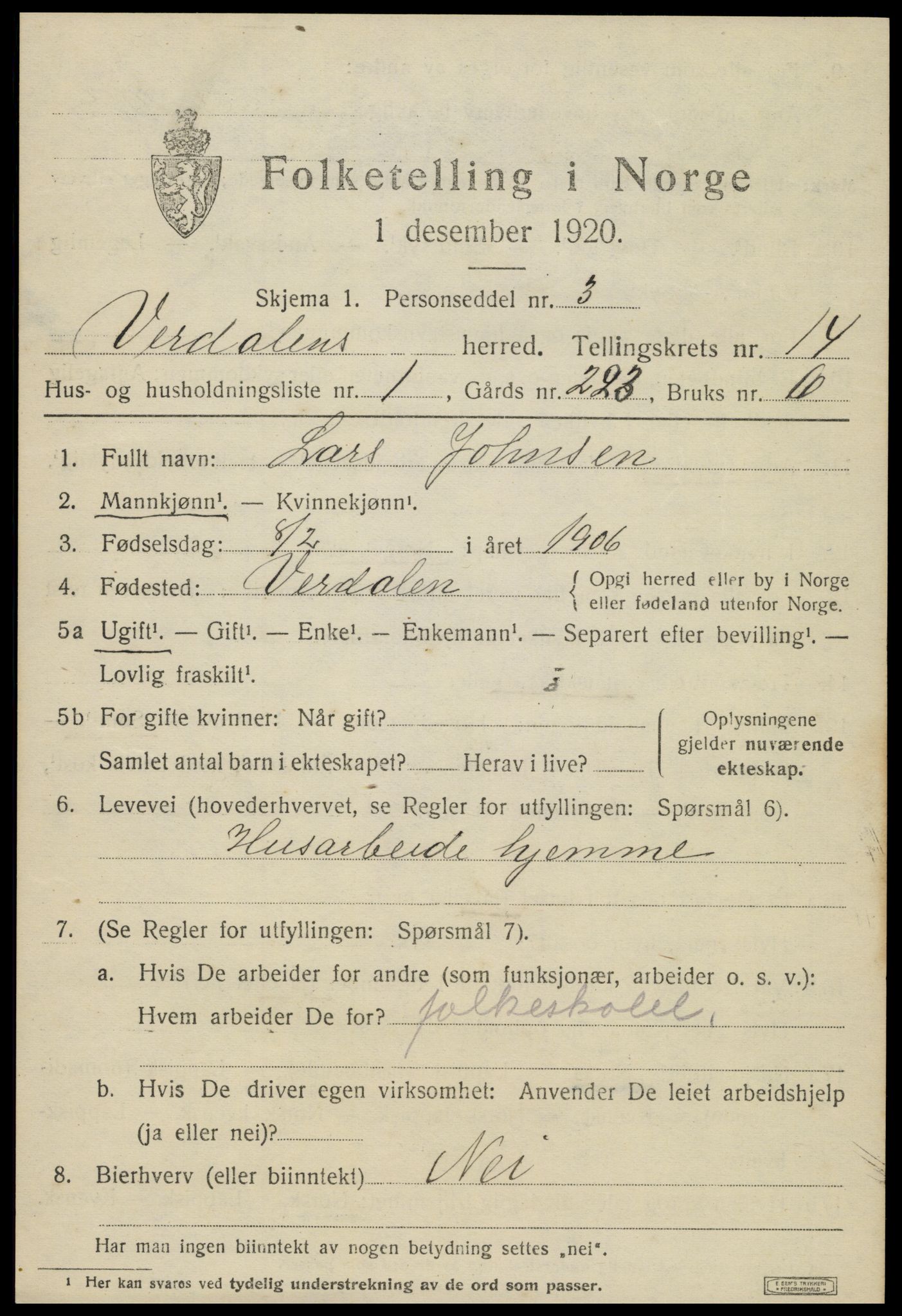 SAT, 1920 census for Verdal, 1920, p. 13667