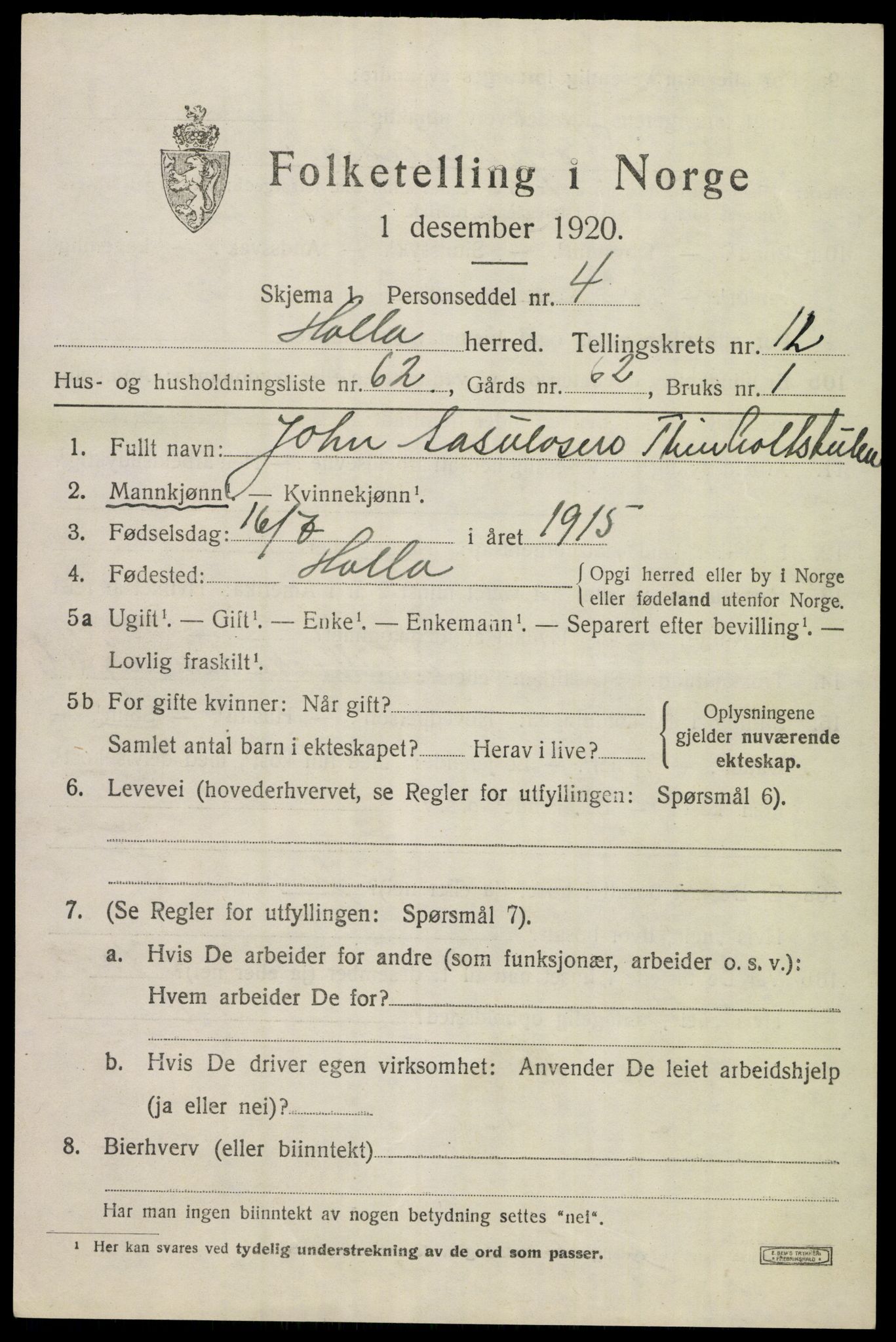 SAKO, 1920 census for Holla, 1920, p. 7933