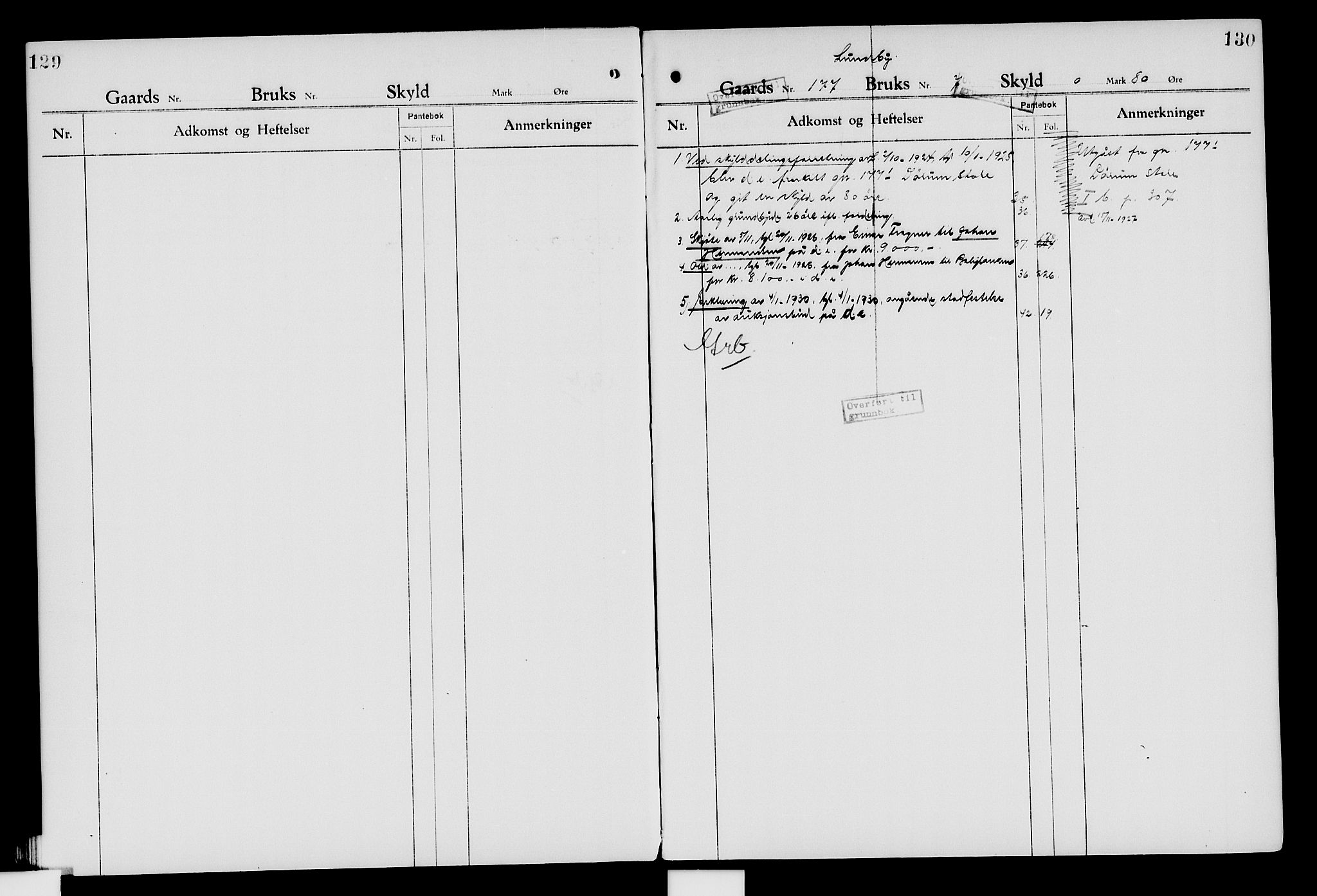 Nord-Hedmark sorenskriveri, SAH/TING-012/H/Ha/Had/Hade/L0007: Mortgage register no. 4.7, 1924-1940, p. 129-130