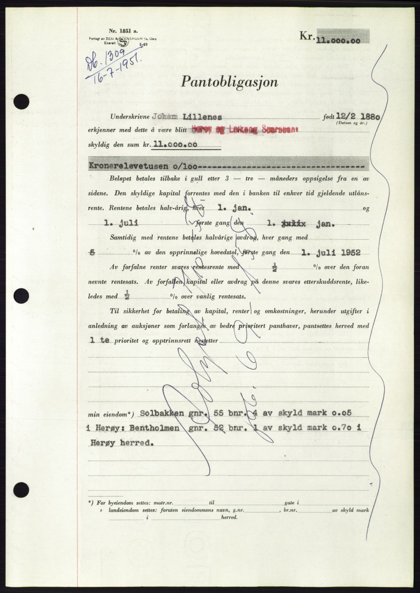 Søre Sunnmøre sorenskriveri, AV/SAT-A-4122/1/2/2C/L0120: Mortgage book no. 8B, 1951-1951, Diary no: : 1309/1951