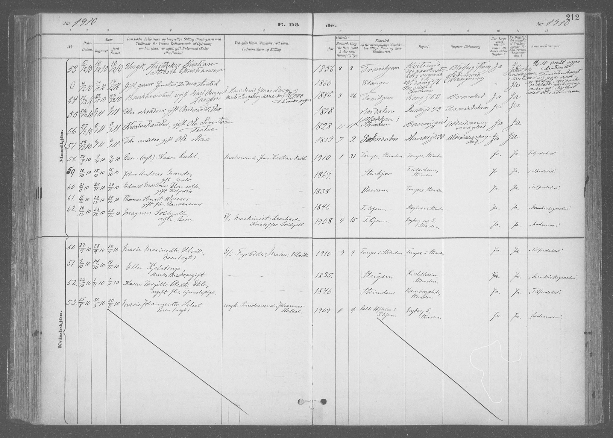 Ministerialprotokoller, klokkerbøker og fødselsregistre - Sør-Trøndelag, SAT/A-1456/601/L0064: Parish register (official) no. 601A31, 1891-1911, p. 212