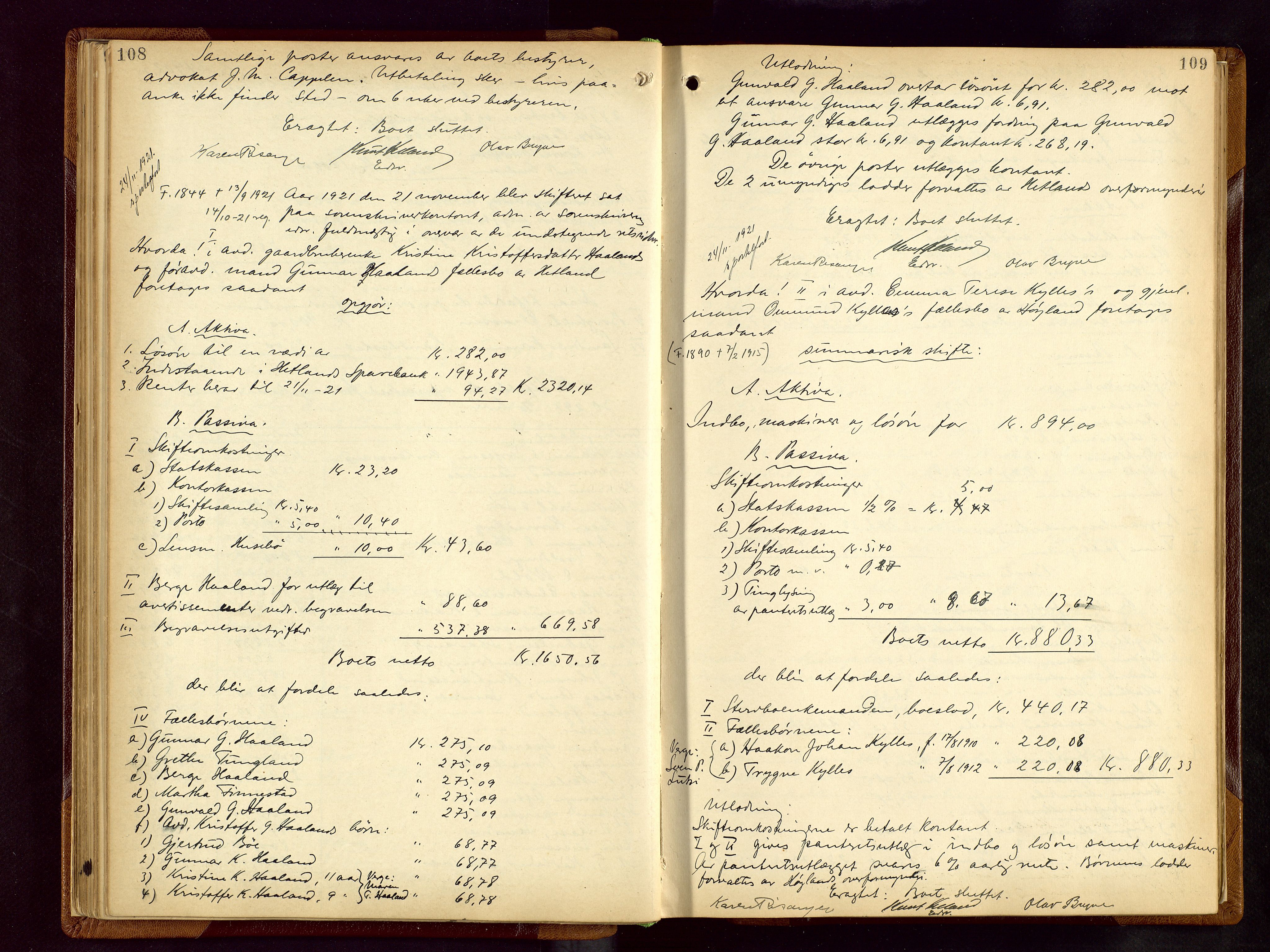 Jæren sorenskriveri, AV/SAST-A-100310/01/5/50/50BB/L0009: SKIFTEUTLODNINGSPROTOKOLL, 1920-1927, p. 108-109