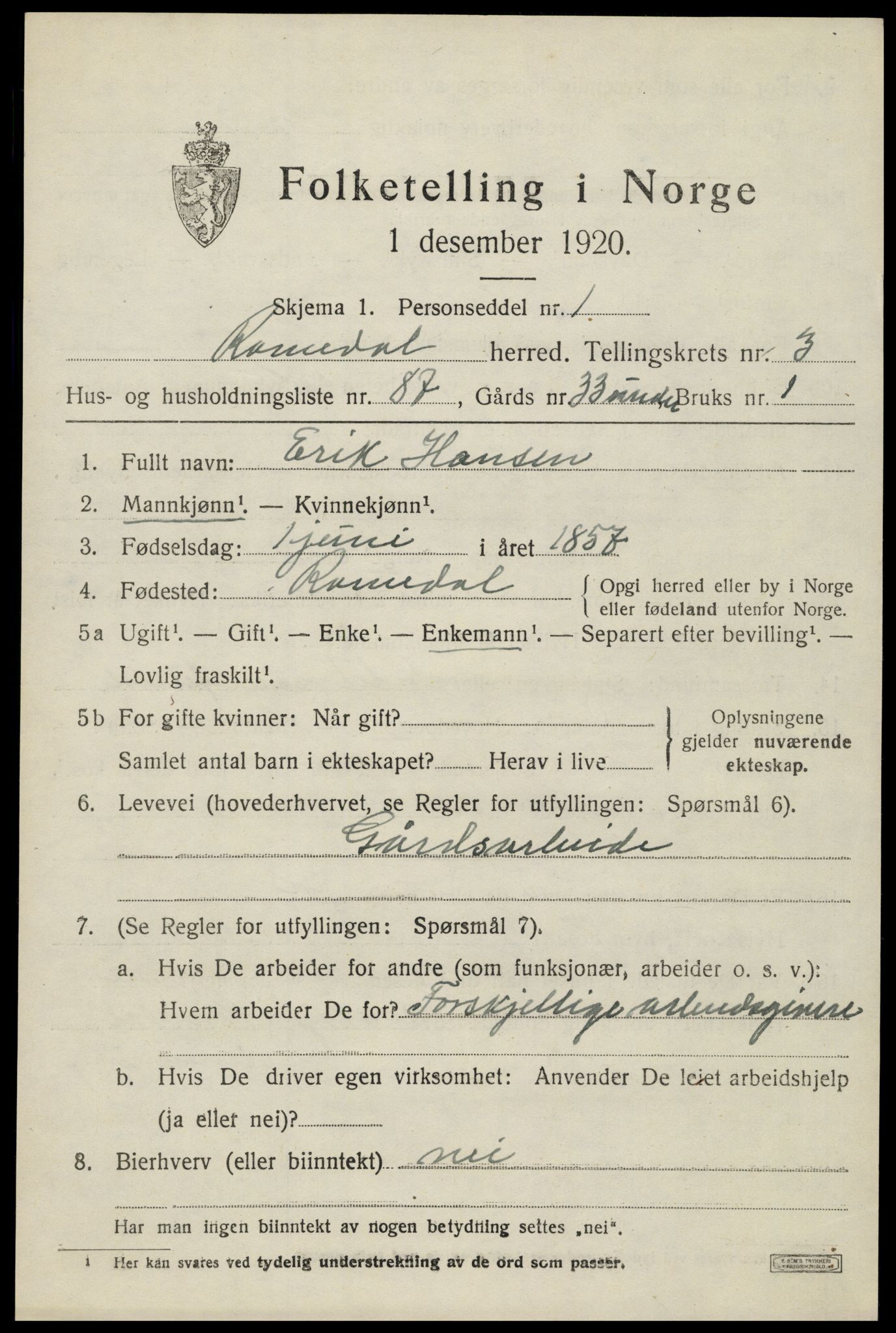 SAH, 1920 census for Romedal, 1920, p. 5627