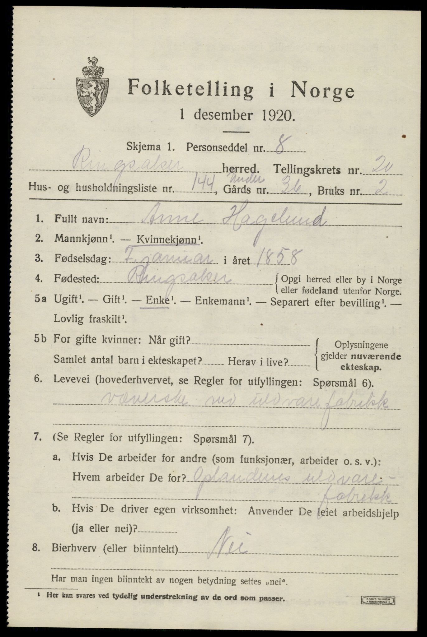 SAH, 1920 census for Ringsaker, 1920, p. 28544