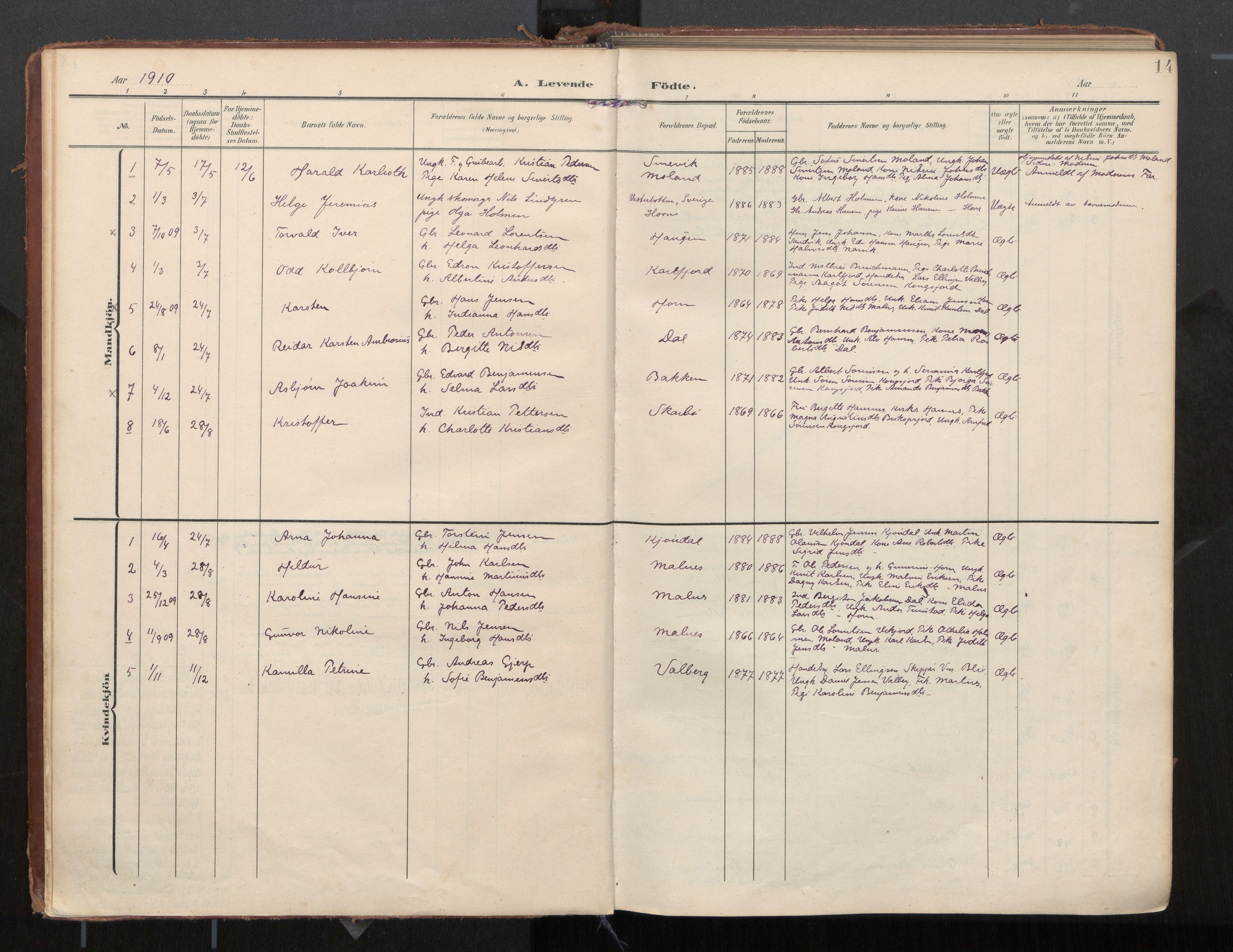 Ministerialprotokoller, klokkerbøker og fødselsregistre - Nordland, AV/SAT-A-1459/884/L1194: Parish register (official) no. 884A02, 1906-1937, p. 14