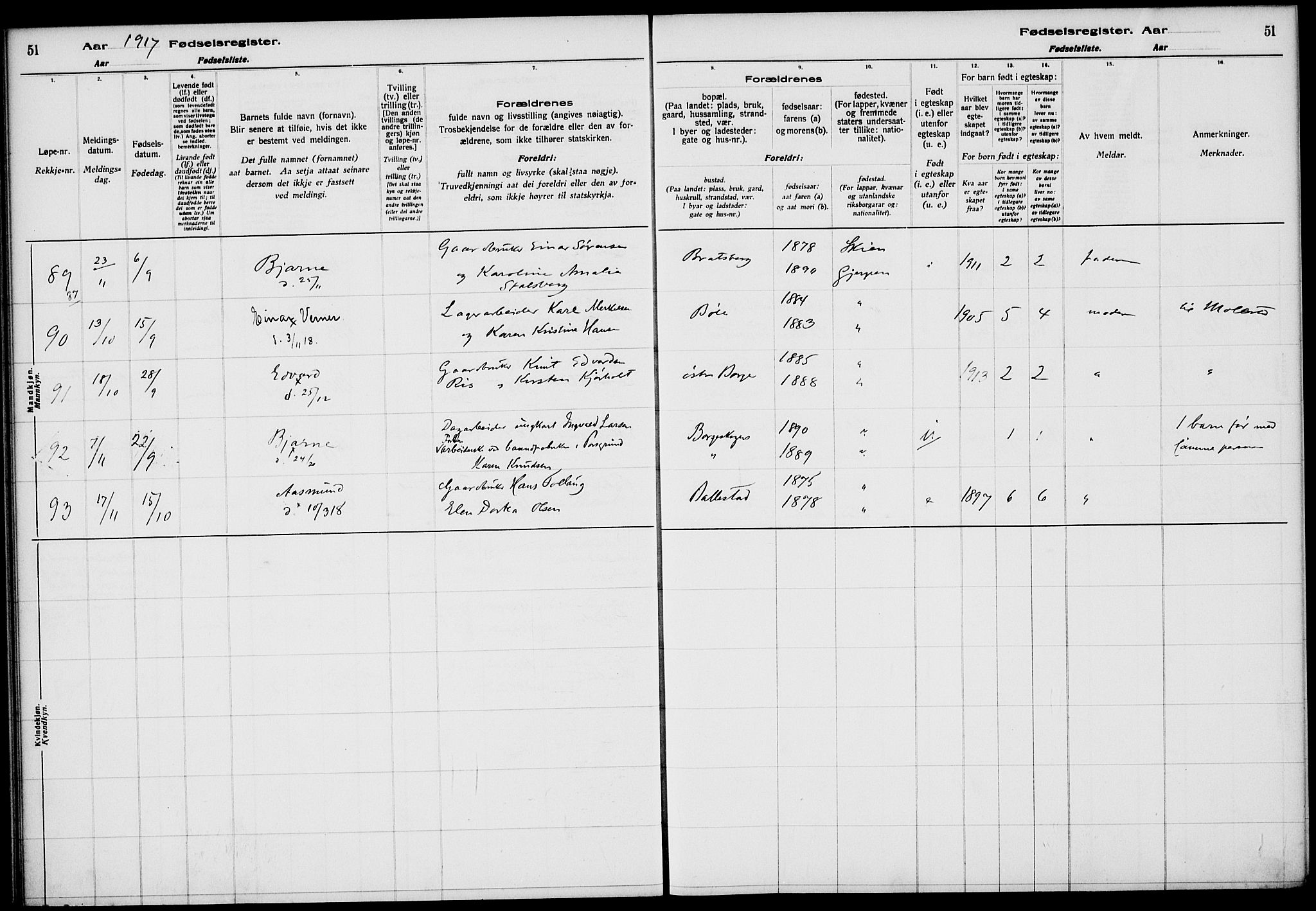 Gjerpen kirkebøker, AV/SAKO-A-265/J/Ja/L0001: Birth register no. I 1, 1916-1926, p. 51