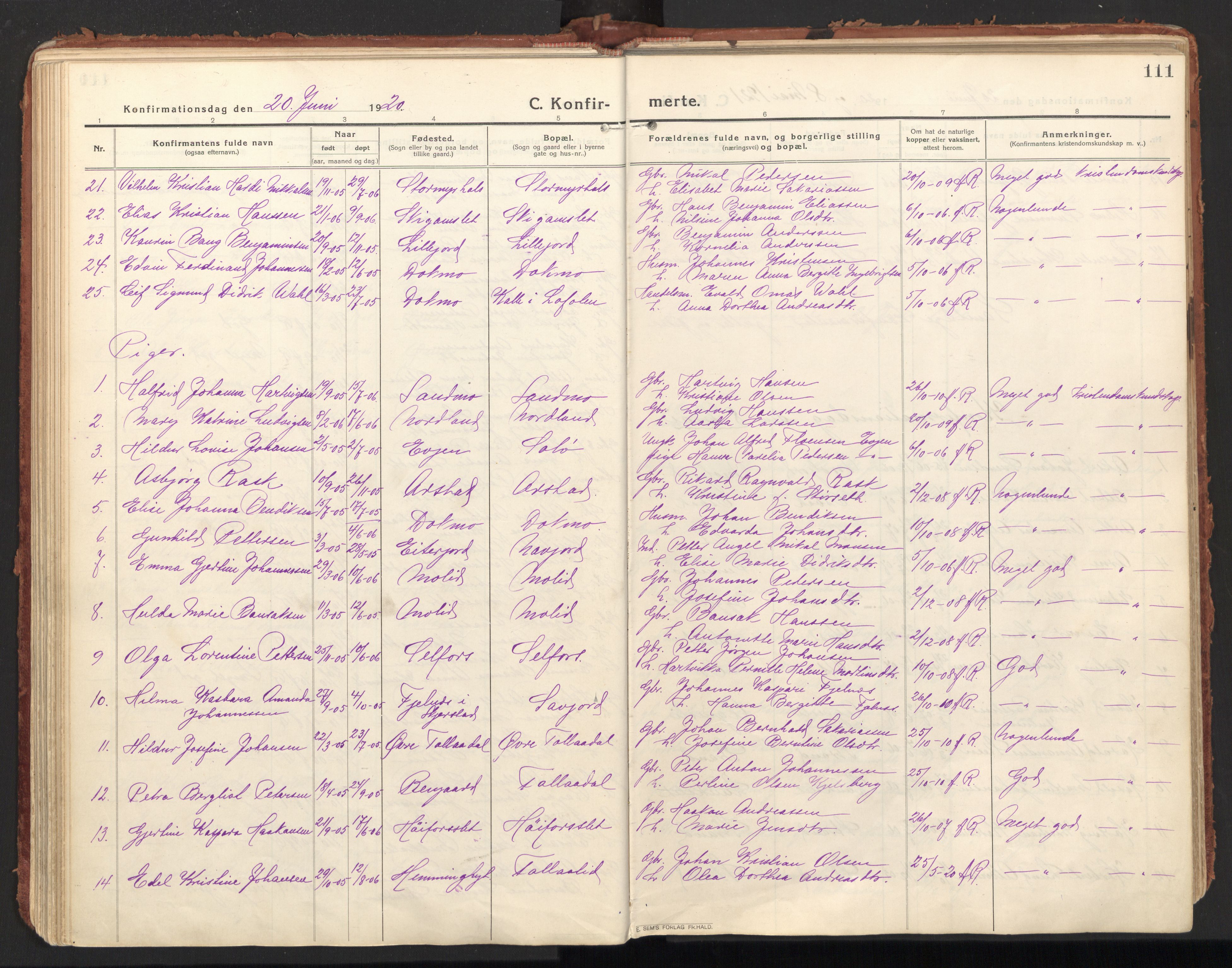 Ministerialprotokoller, klokkerbøker og fødselsregistre - Nordland, SAT/A-1459/846/L0650: Parish register (official) no. 846A08, 1916-1935, p. 111