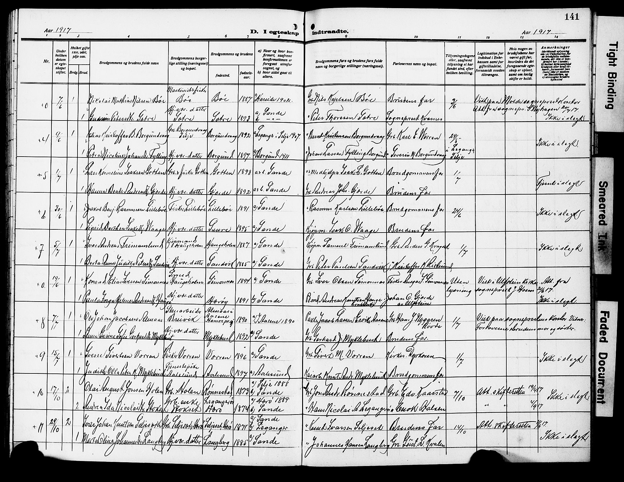 Ministerialprotokoller, klokkerbøker og fødselsregistre - Møre og Romsdal, AV/SAT-A-1454/503/L0050: Parish register (copy) no. 503C05, 1909-1922, p. 141