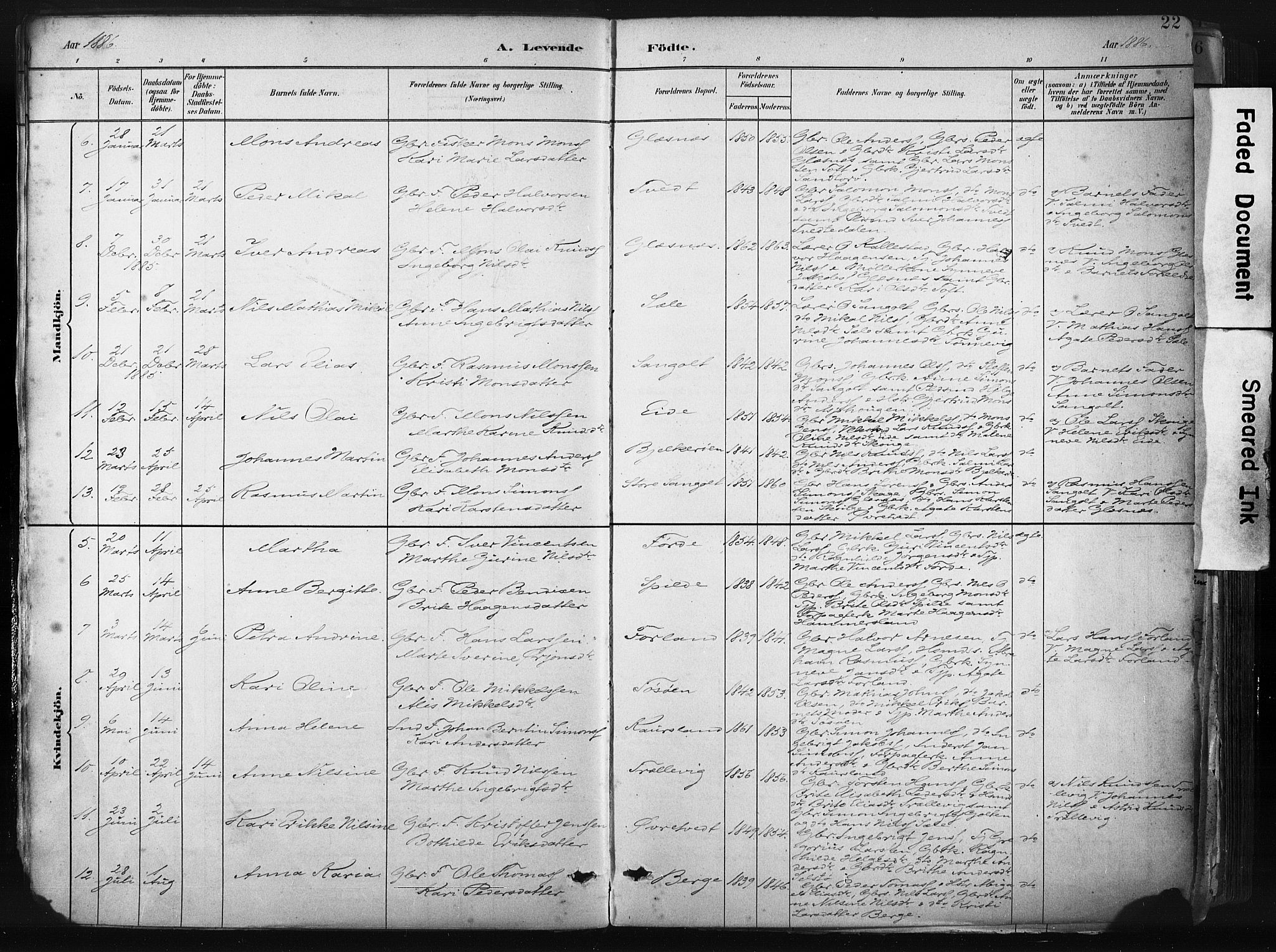 Sund sokneprestembete, AV/SAB-A-99930: Parish register (official) no. B 1, 1882-1907, p. 22