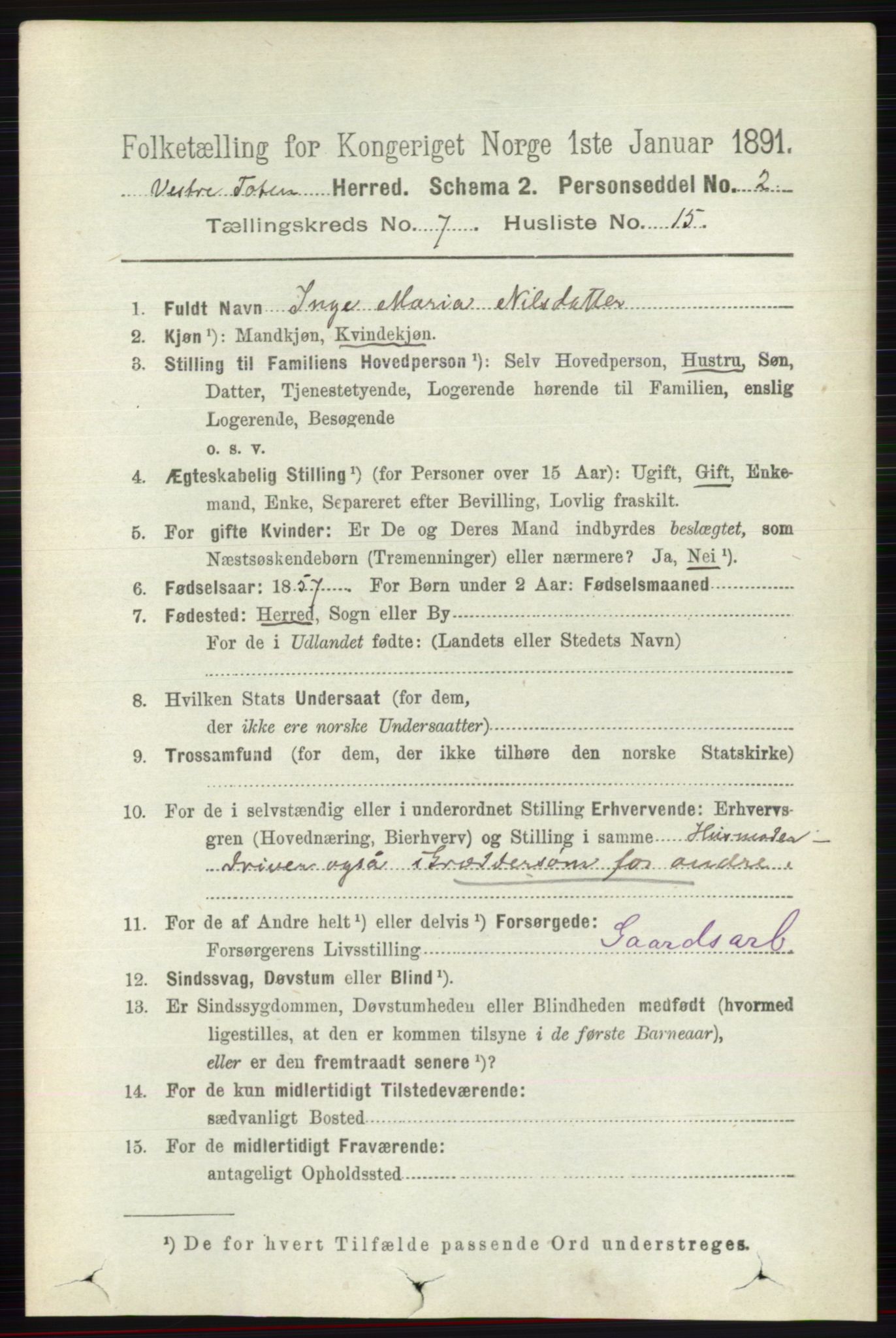 RA, 1891 census for 0529 Vestre Toten, 1891, p. 4463