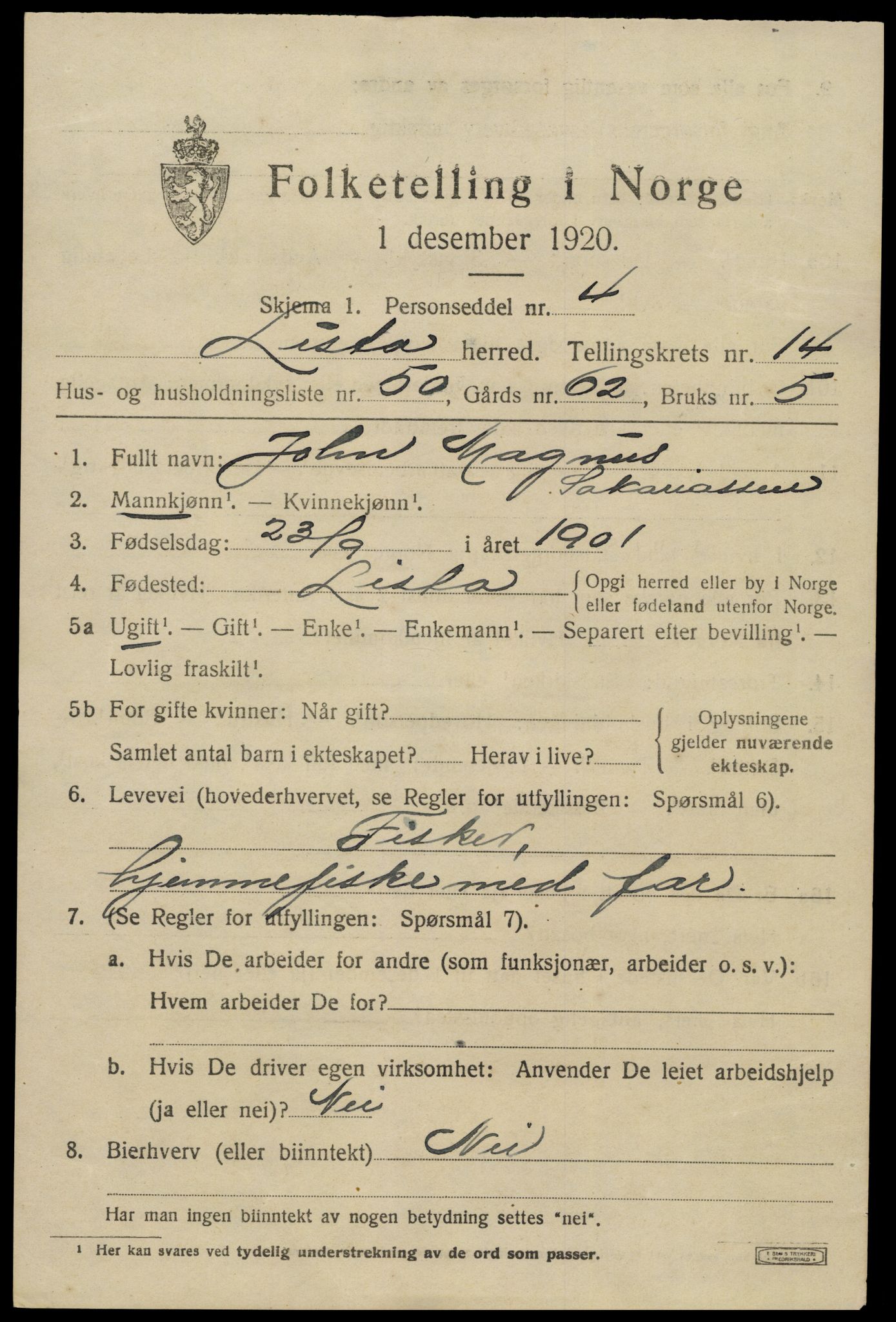 SAK, 1920 census for Lista, 1920, p. 12567