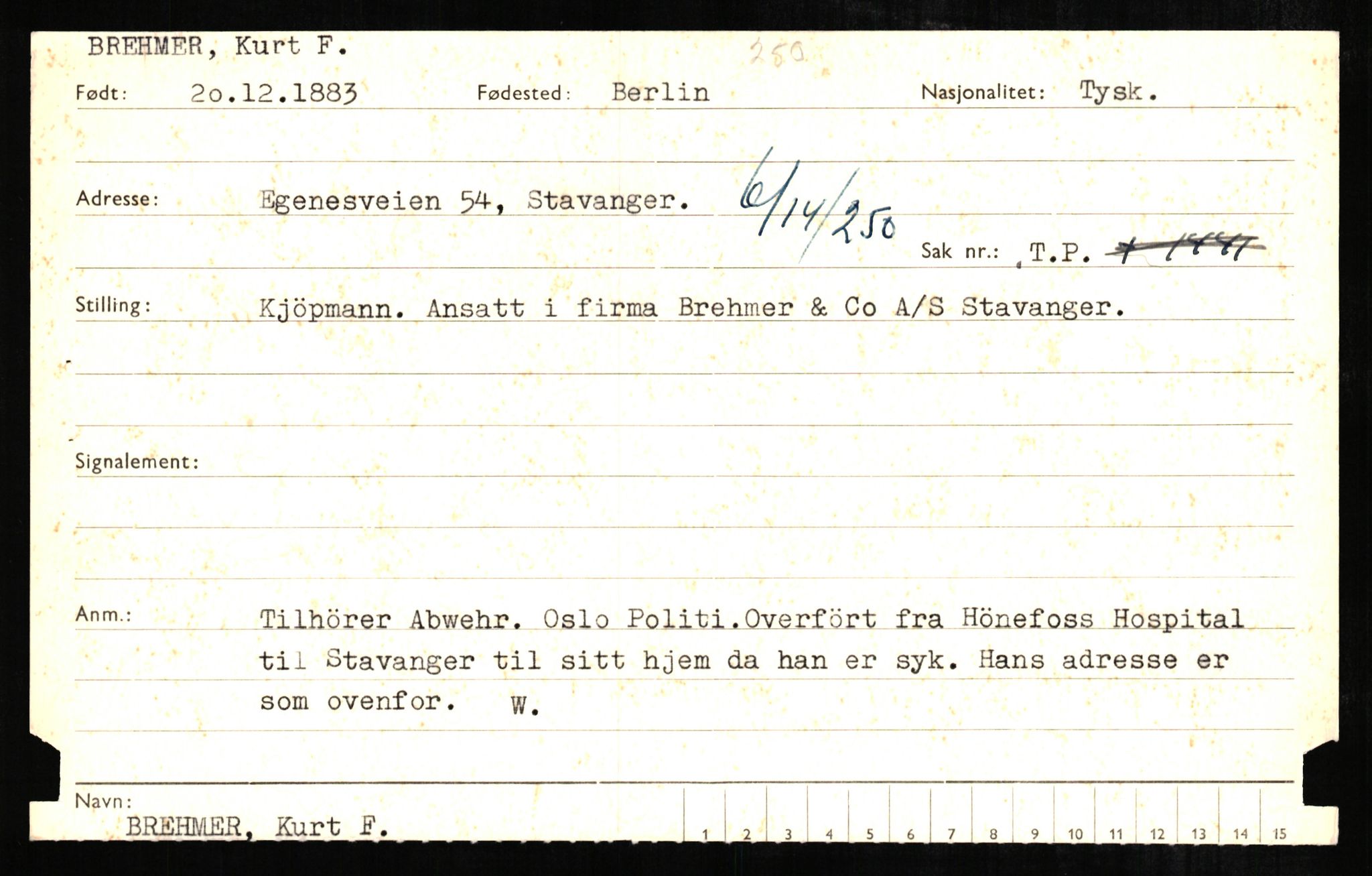 Forsvaret, Forsvarets overkommando II, RA/RAFA-3915/D/Db/L0004: CI Questionaires. Tyske okkupasjonsstyrker i Norge. Tyskere., 1945-1946, p. 260