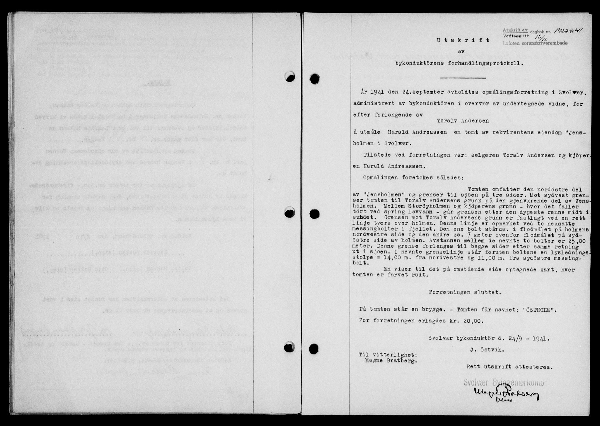 Lofoten sorenskriveri, SAT/A-0017/1/2/2C/L0009a: Mortgage book no. 9a, 1941-1942, Diary no: : 1733/1941