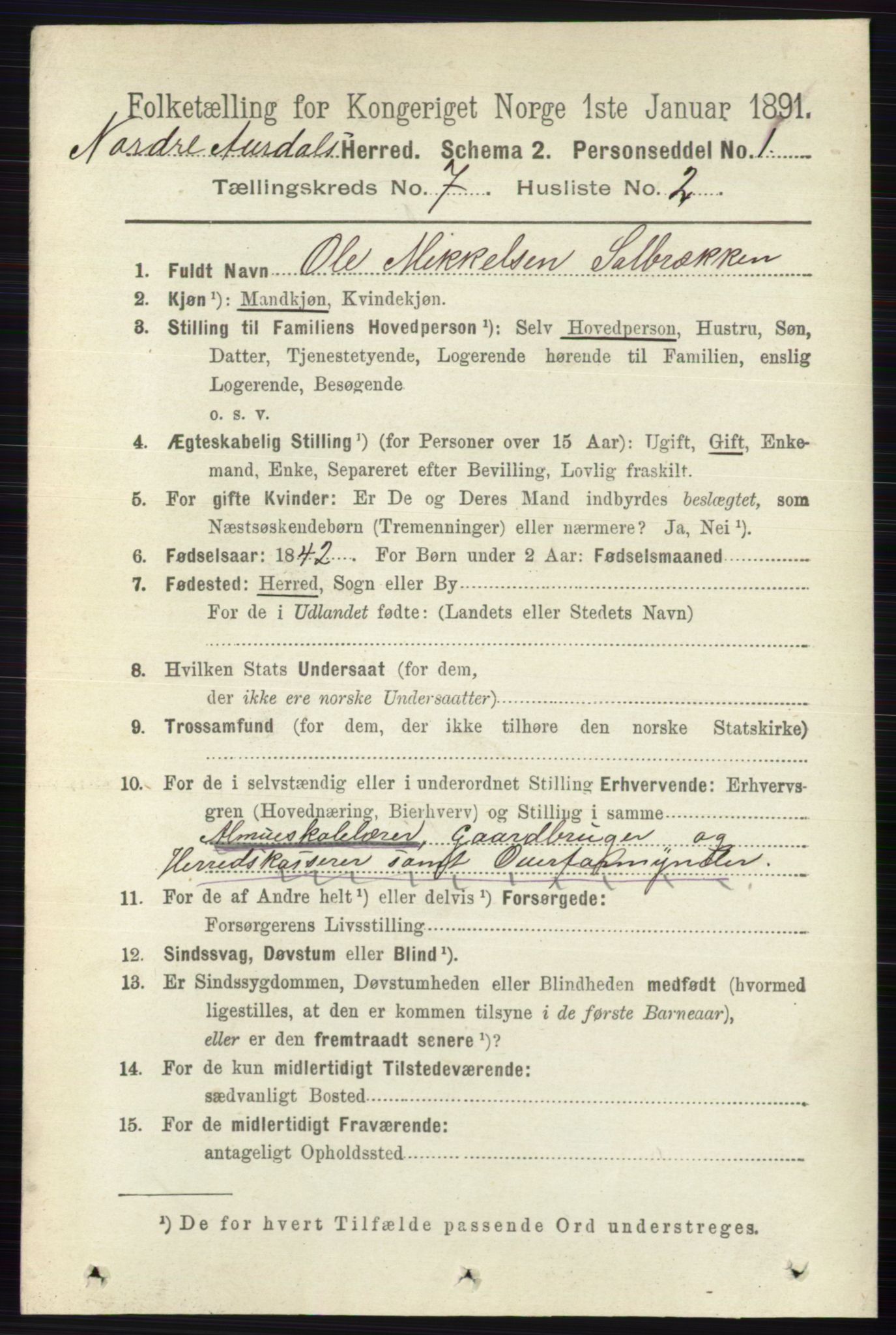 RA, 1891 census for 0542 Nord-Aurdal, 1891, p. 2388