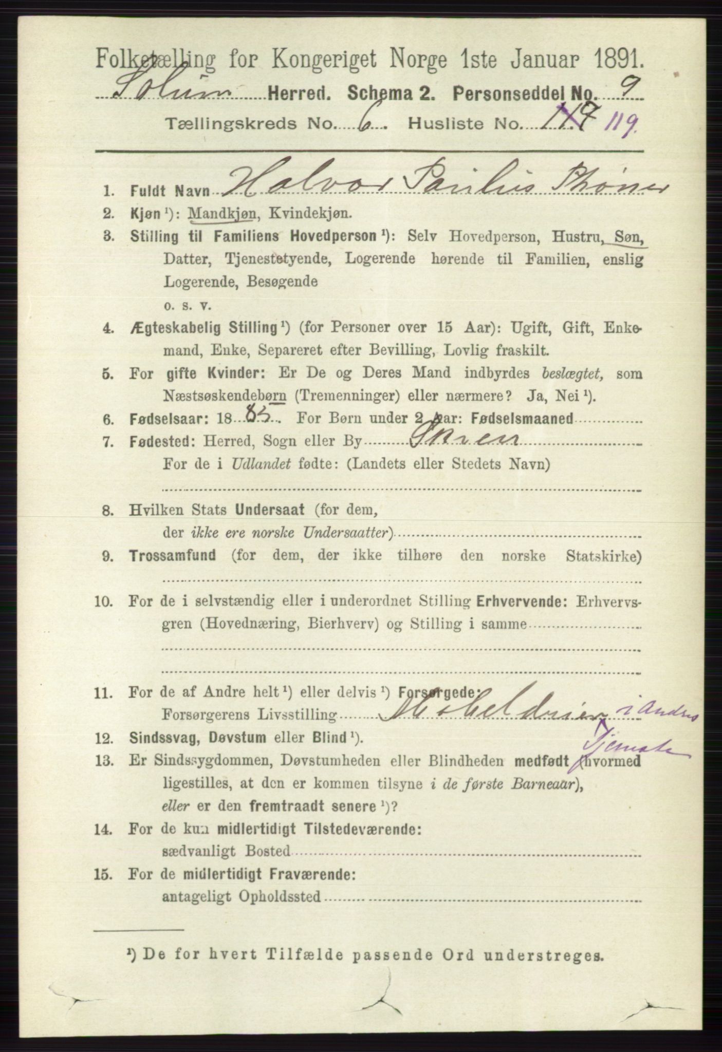 RA, 1891 census for 0818 Solum, 1891, p. 1851