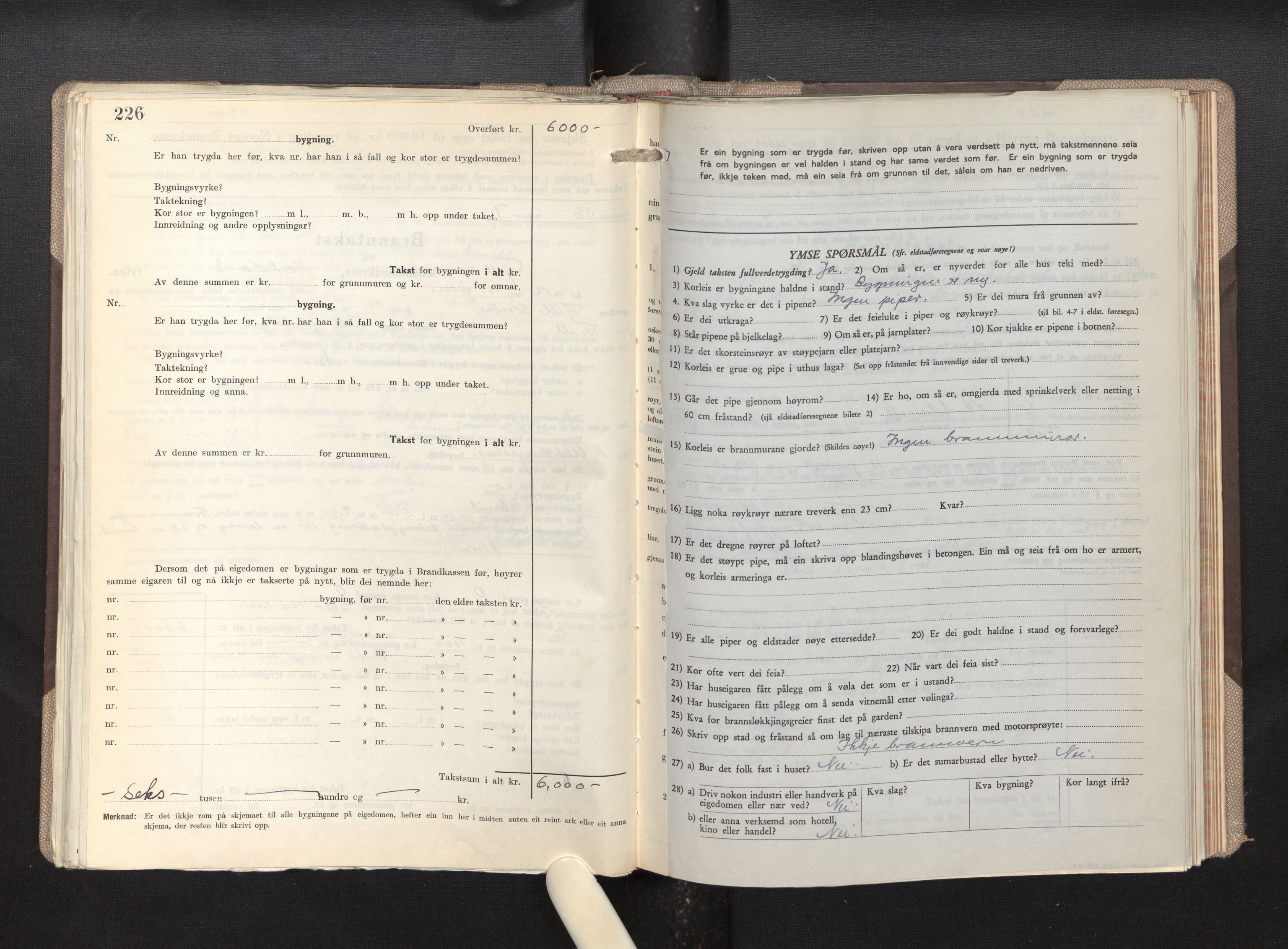 Lensmannen i Fjell, AV/SAB-A-32301/0012/L0007: Branntakstprotokoll, skjematakst, 1946-1955, p. 226-227