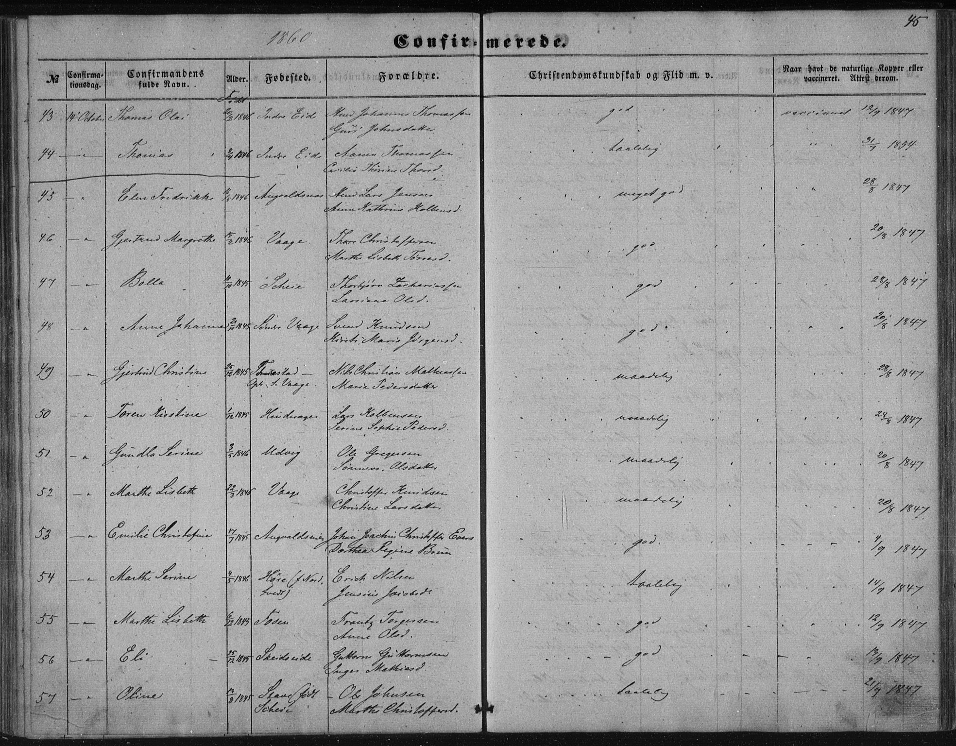 Avaldsnes sokneprestkontor, SAST/A -101851/H/Ha/Haa/L0009: Parish register (official) no. A 9, 1853-1865, p. 45