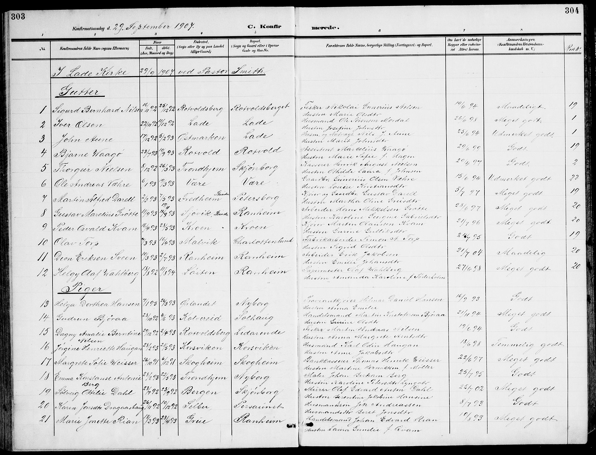 Ministerialprotokoller, klokkerbøker og fødselsregistre - Sør-Trøndelag, AV/SAT-A-1456/607/L0320: Parish register (official) no. 607A04, 1907-1915, p. 303-304