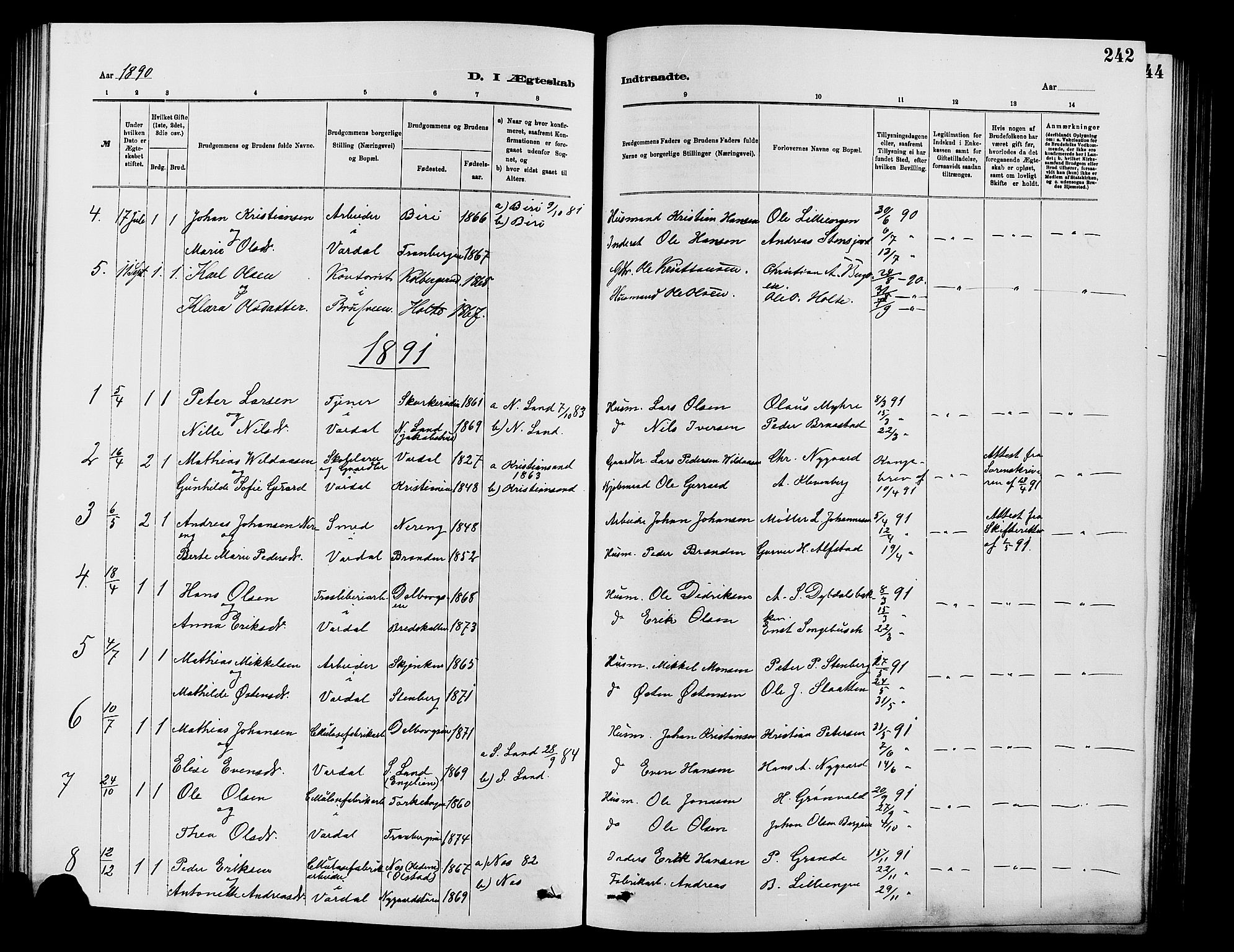 Vardal prestekontor, SAH/PREST-100/H/Ha/Hab/L0007: Parish register (copy) no. 7 /1, 1881-1895, p. 242