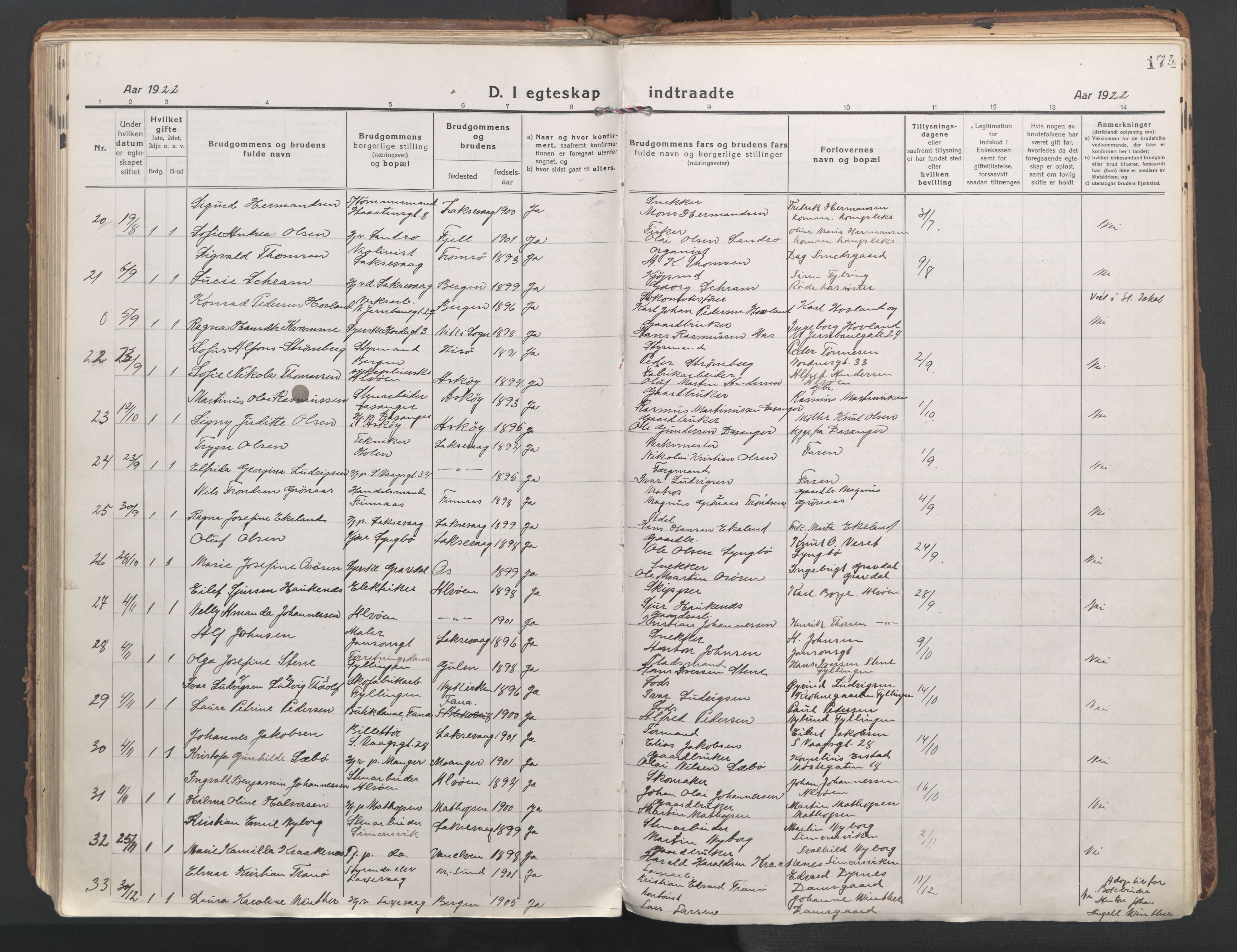 Laksevåg Sokneprestembete, AV/SAB-A-76501/H/Ha/Haa/Haaa/L0002: Parish register (official) no. A 2, 1917-1927, p. 174