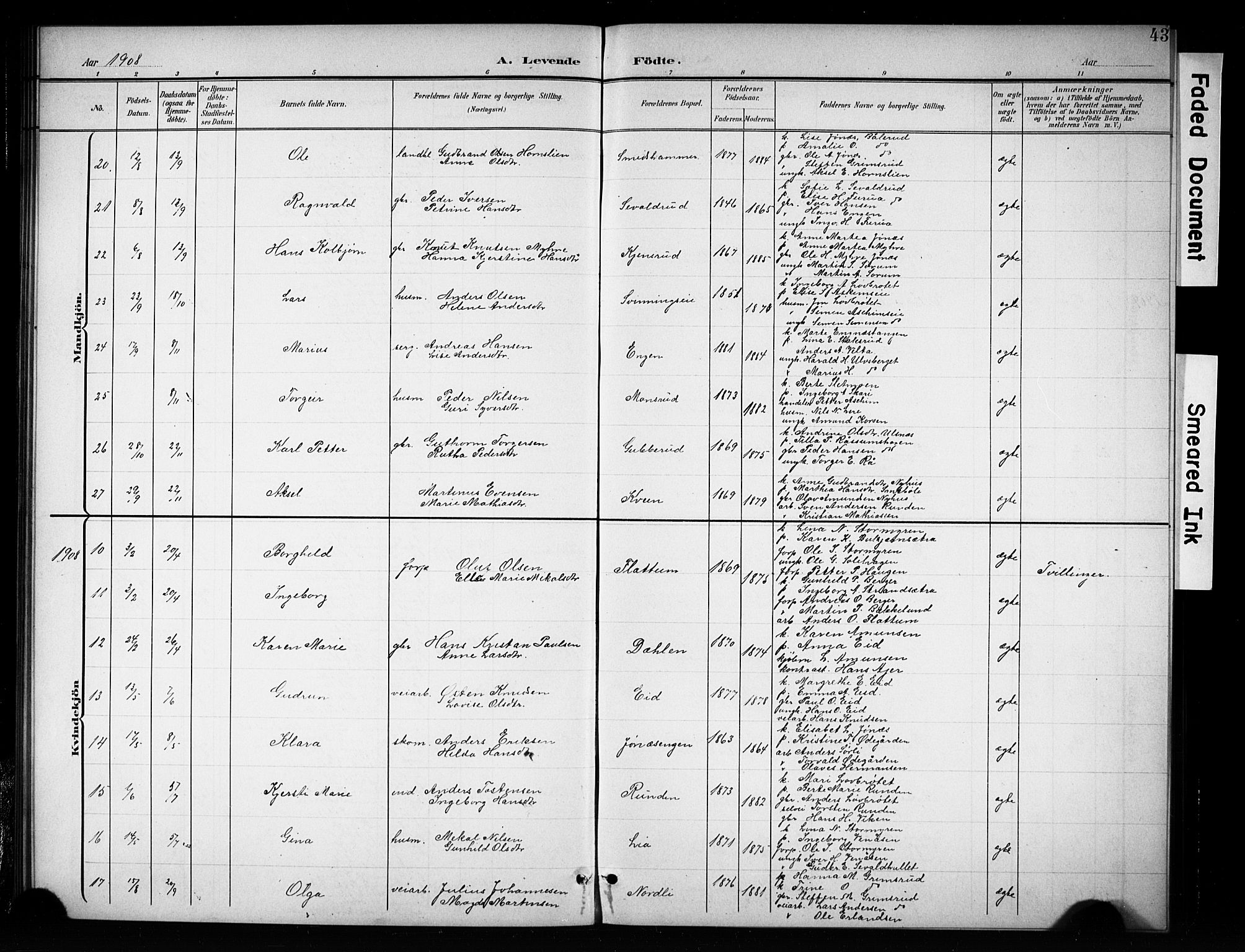 Brandbu prestekontor, SAH/PREST-114/H/Ha/Hab/L0005: Parish register (copy) no. 5, 1900-1913, p. 43