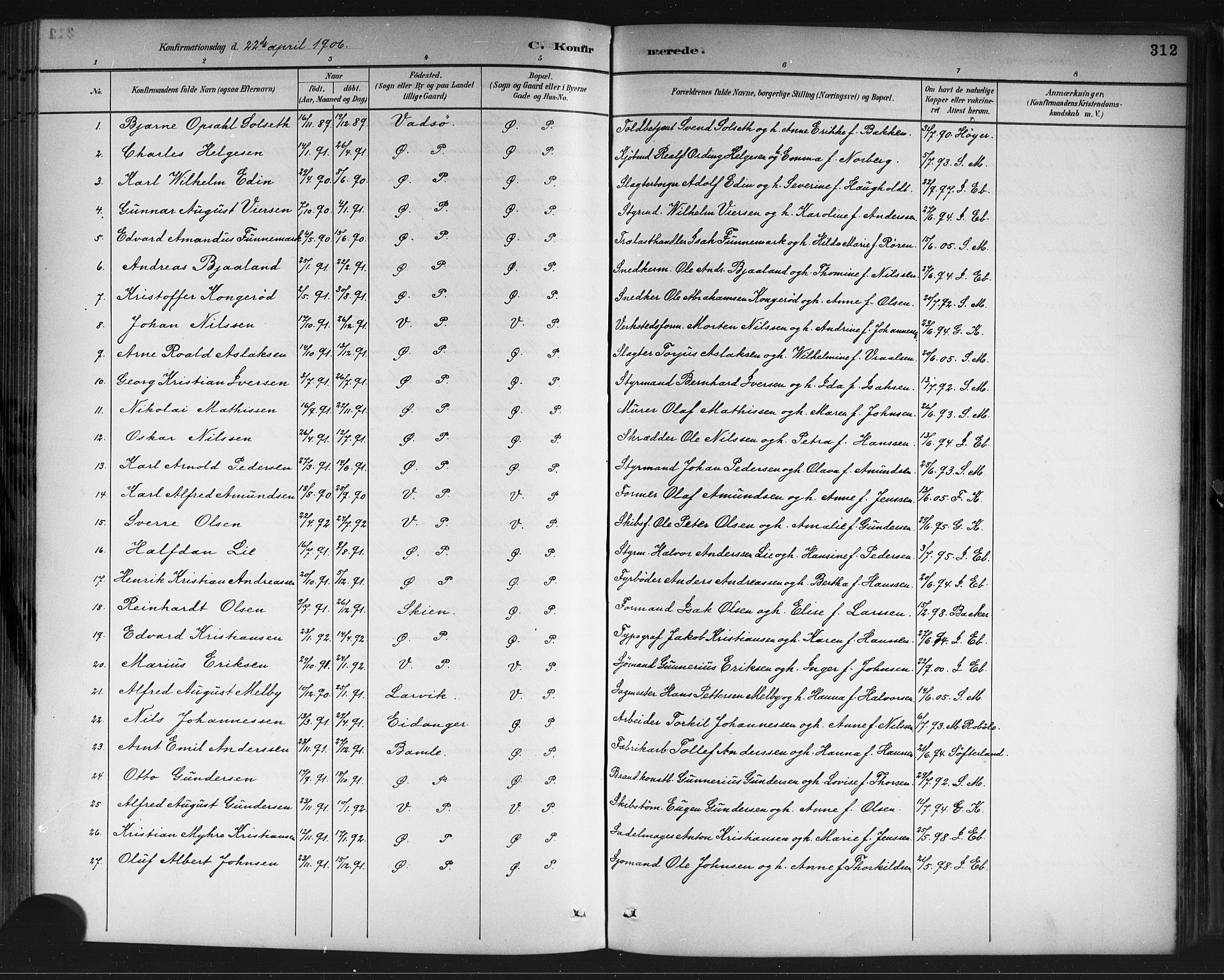 Porsgrunn kirkebøker , SAKO/A-104/G/Gb/L0005: Parish register (copy) no. II 5, 1883-1915, p. 312