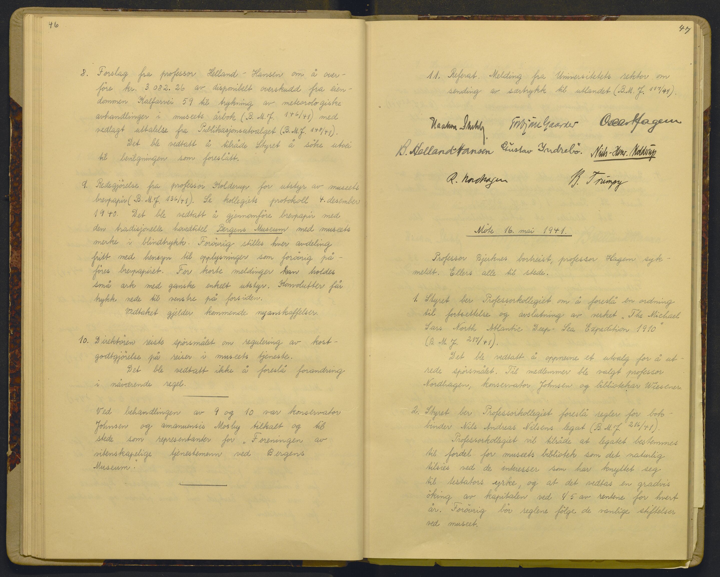 Bergens Museum, AV/SAB-A-17301/18/A/L0003: Professorkollegiets forhandlingsprotokoll med register , 1939-1944, p. 46-47