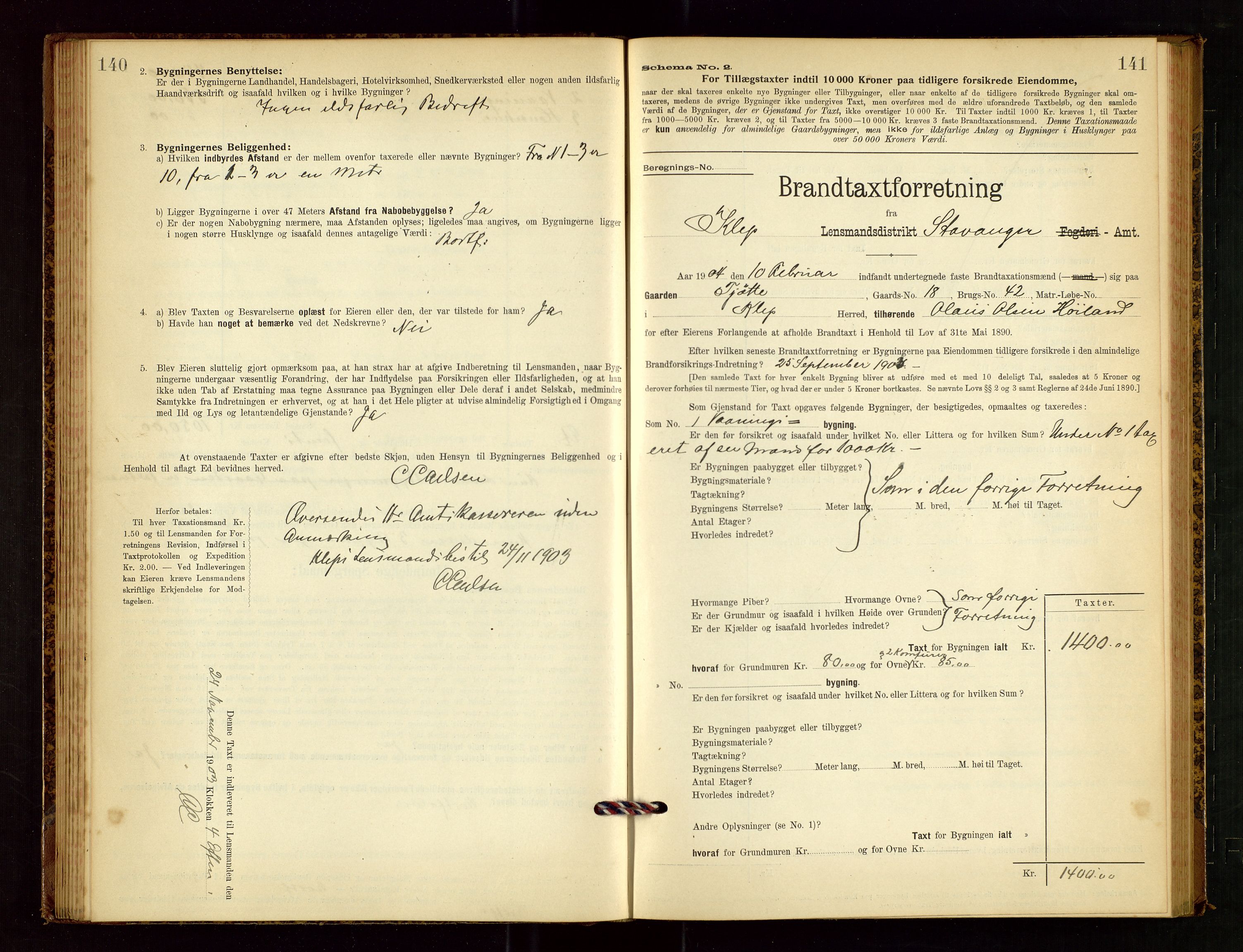 Klepp lensmannskontor, SAST/A-100163/Goc/L0003: "Brandtaxationsprotokol" m/register, 1902-1907, p. 140-141