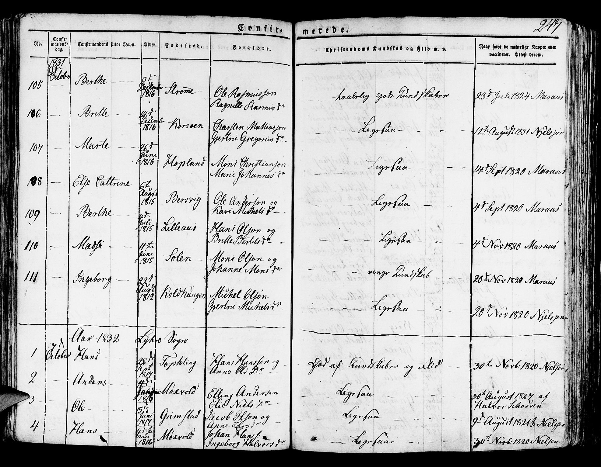 Lindås Sokneprestembete, SAB/A-76701/H/Haa: Parish register (official) no. A 8, 1823-1836, p. 247