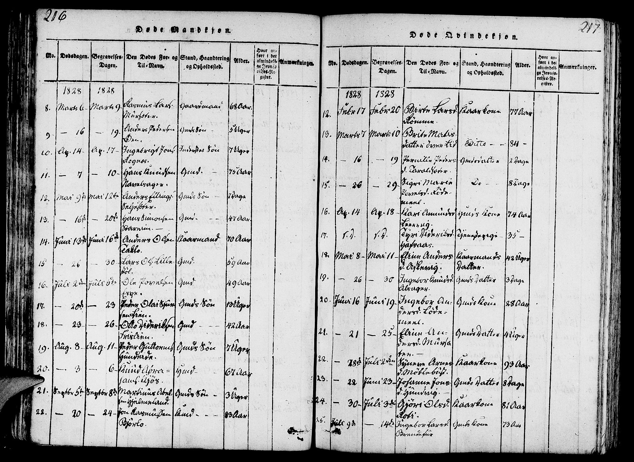 Eid sokneprestembete, AV/SAB-A-82301/H/Haa/Haaa/L0005: Parish register (official) no. A 5, 1816-1830, p. 216-217