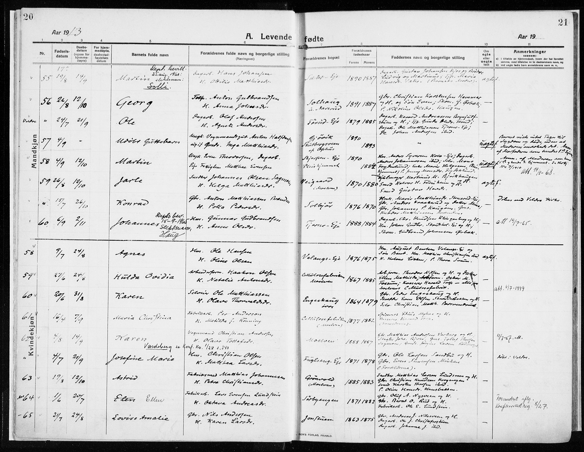 Ringsaker prestekontor, AV/SAH-PREST-014/K/Ka/L0020: Parish register (official) no. 20, 1913-1922, p. 20-21