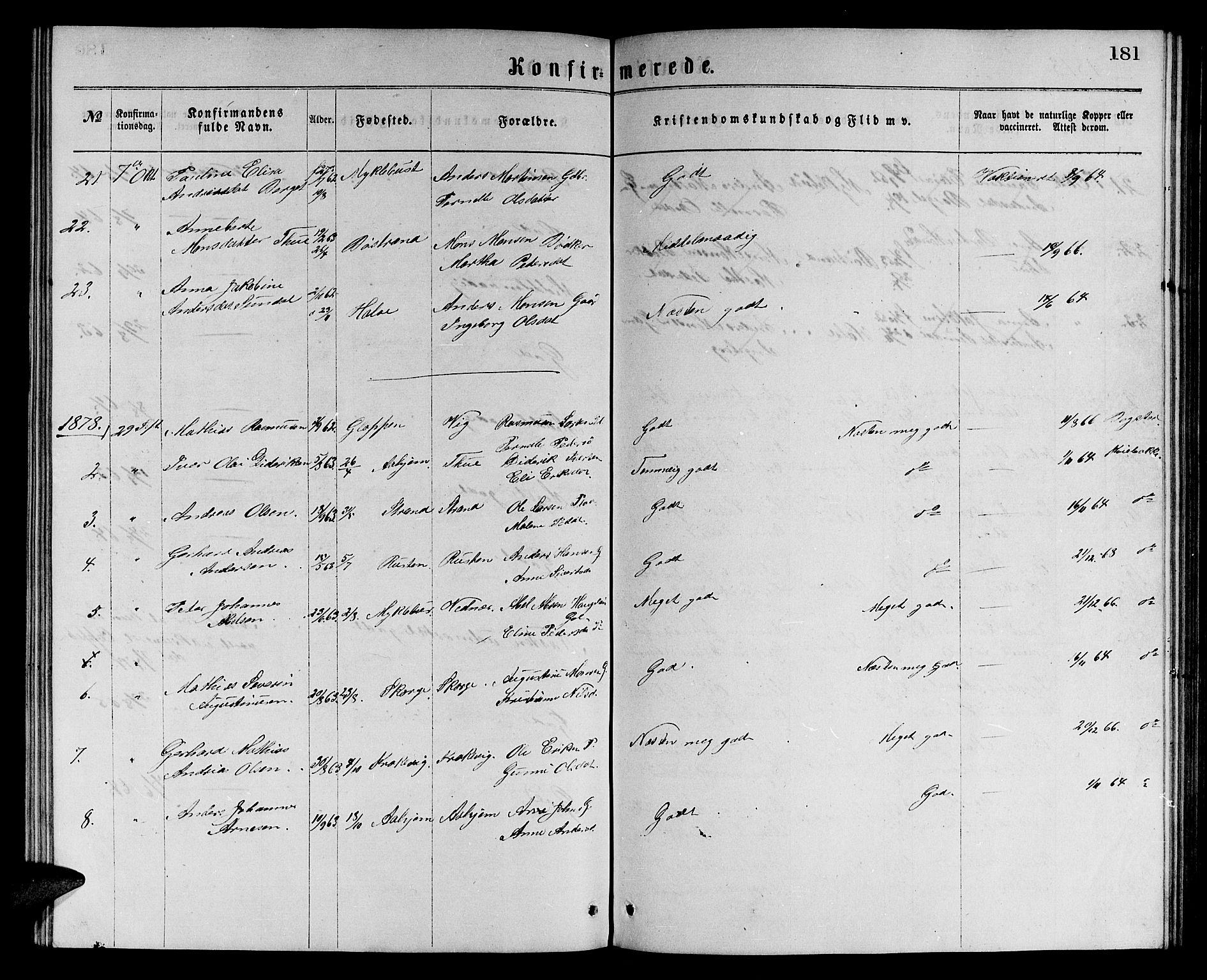 Ministerialprotokoller, klokkerbøker og fødselsregistre - Møre og Romsdal, AV/SAT-A-1454/501/L0016: Parish register (copy) no. 501C02, 1868-1884, p. 181