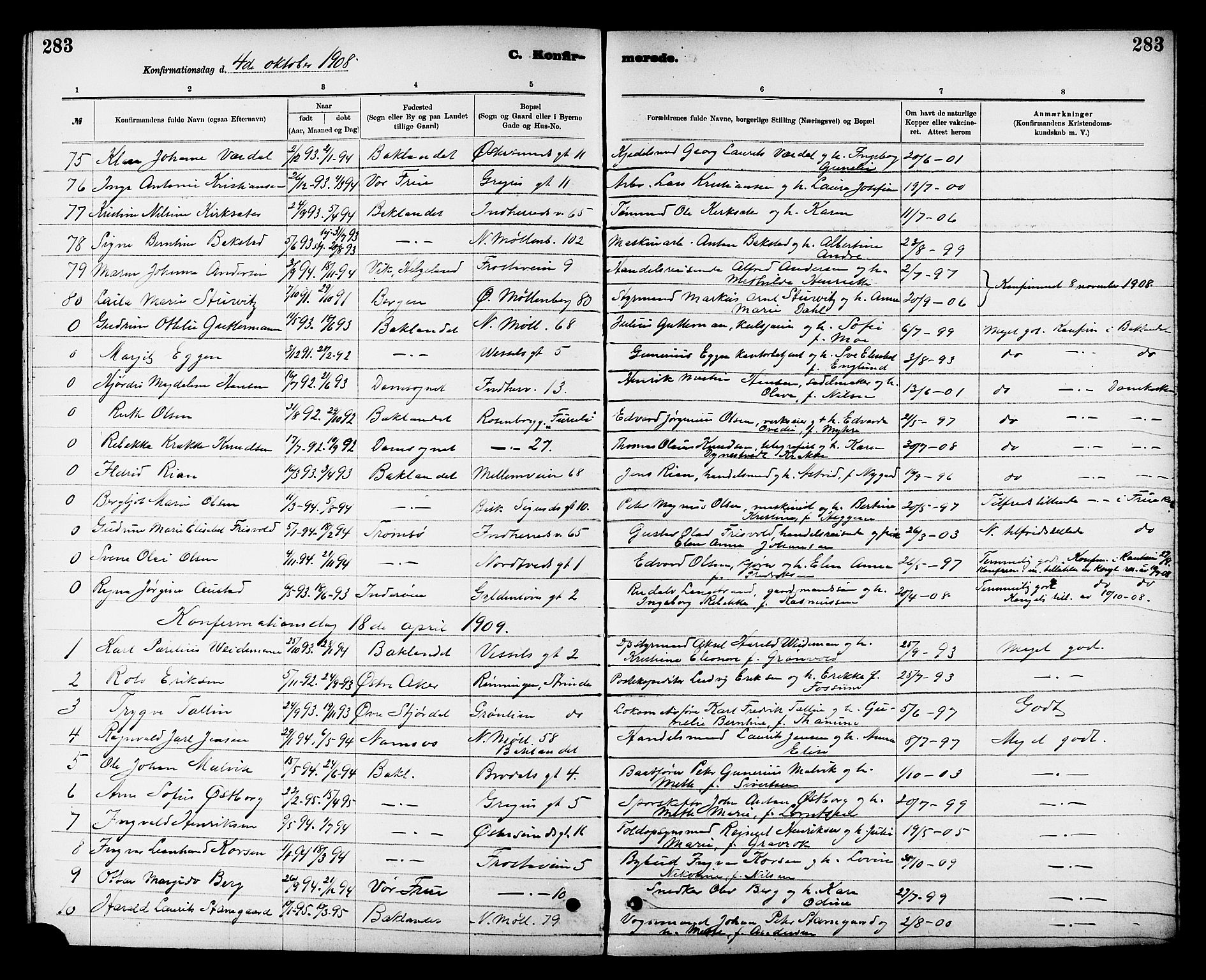 Ministerialprotokoller, klokkerbøker og fødselsregistre - Sør-Trøndelag, SAT/A-1456/605/L0254: Parish register (copy) no. 605C01, 1908-1916, p. 283