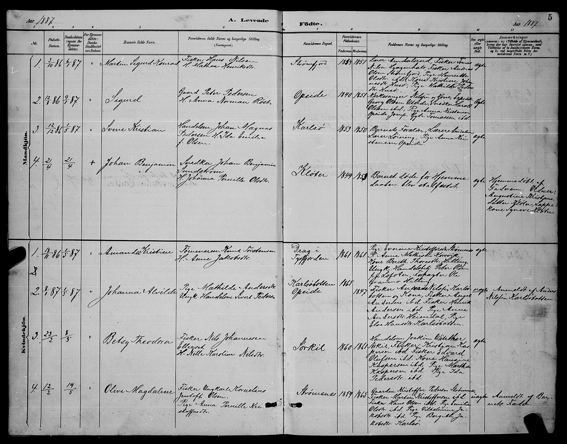 Ministerialprotokoller, klokkerbøker og fødselsregistre - Nordland, AV/SAT-A-1459/859/L0859: Parish register (copy) no. 859C05, 1887-1898, p. 5