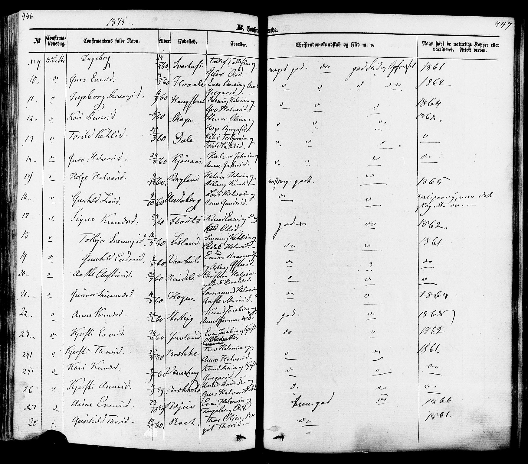 Seljord kirkebøker, SAKO/A-20/F/Fa/L0013: Parish register (official) no. I 13, 1866-1876, p. 446-447