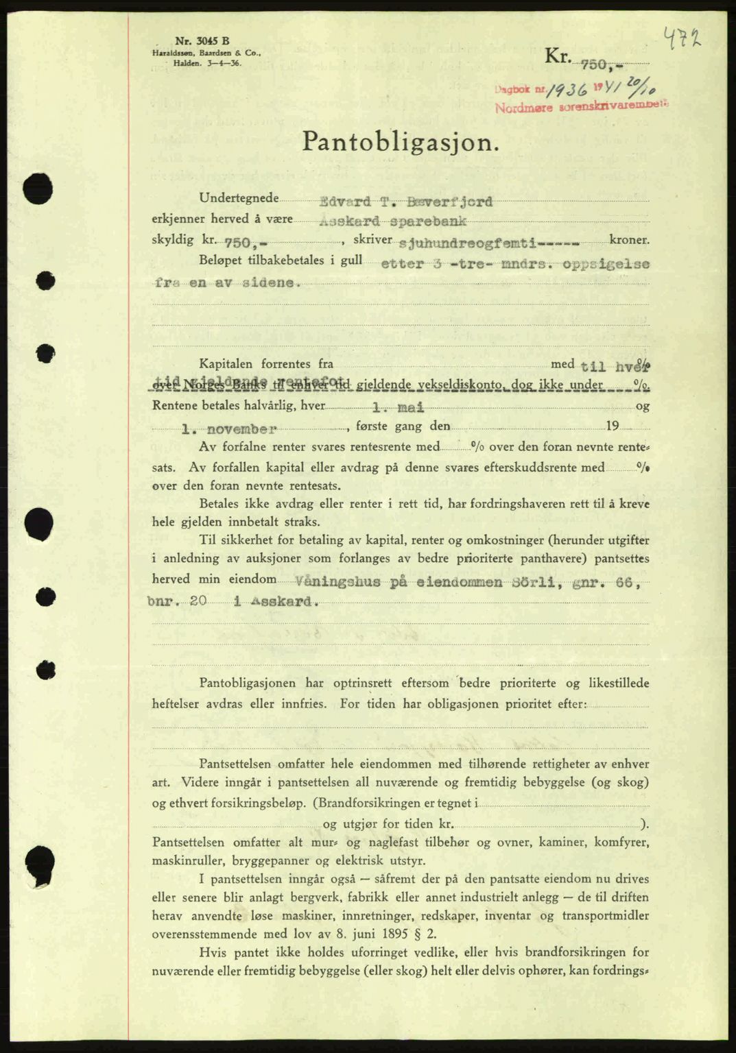 Nordmøre sorenskriveri, AV/SAT-A-4132/1/2/2Ca: Mortgage book no. B88, 1941-1942, Diary no: : 1936/1941