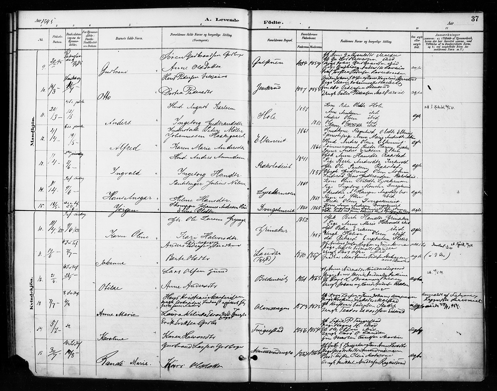 Gran prestekontor, AV/SAH-PREST-112/H/Ha/Haa/L0018: Parish register (official) no. 18, 1889-1899, p. 37