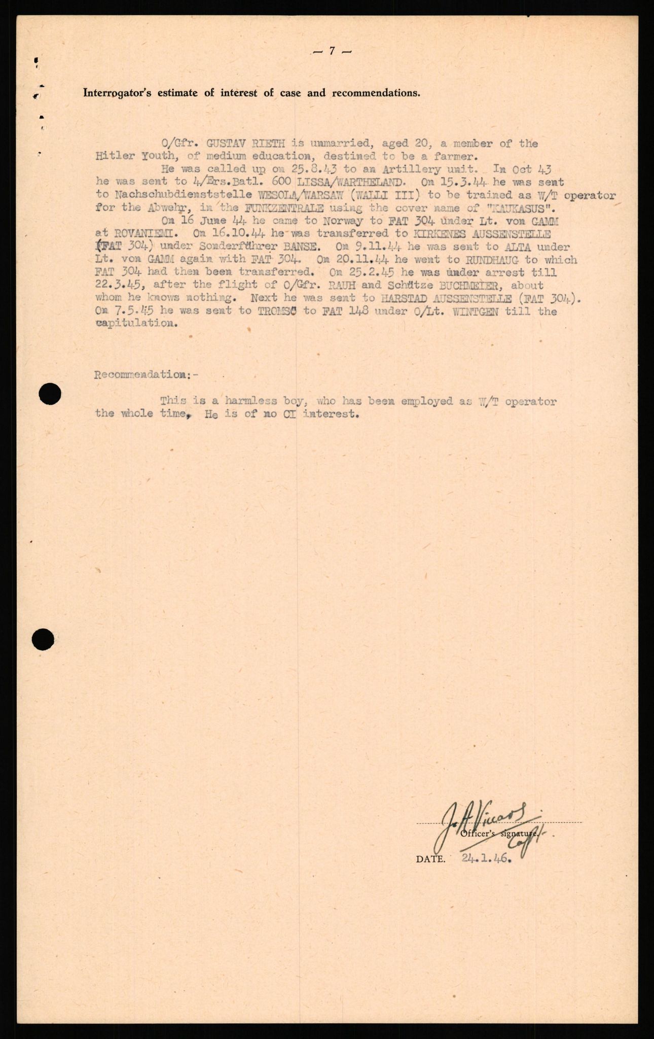 Forsvaret, Forsvarets overkommando II, AV/RA-RAFA-3915/D/Db/L0027: CI Questionaires. Tyske okkupasjonsstyrker i Norge. Tyskere., 1945-1946, p. 401