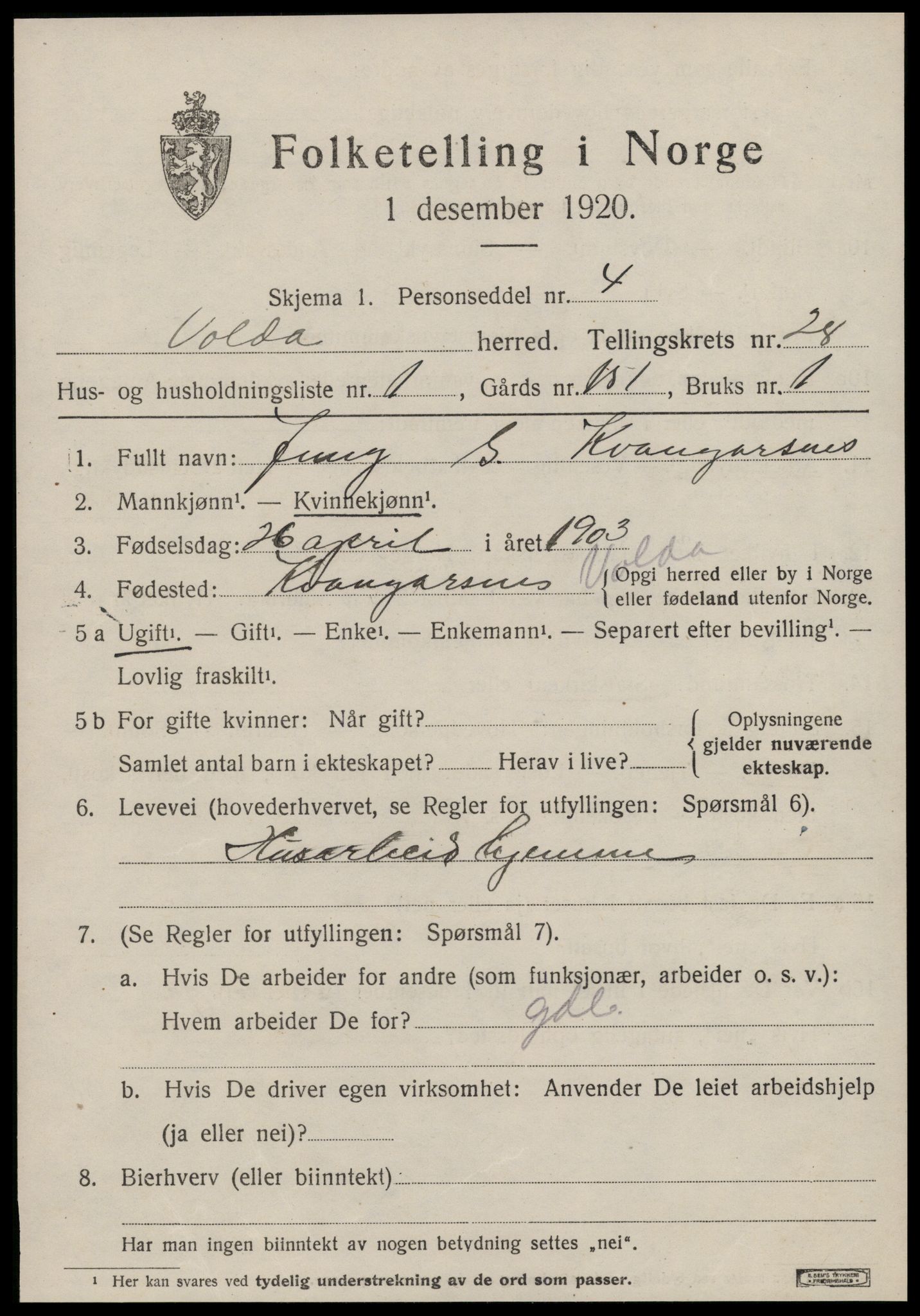 SAT, 1920 census for Volda, 1920, p. 12944