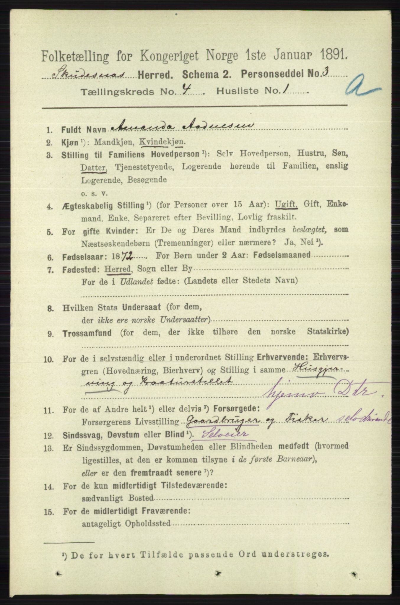 RA, 1891 census for 1150 Skudenes, 1891, p. 1872