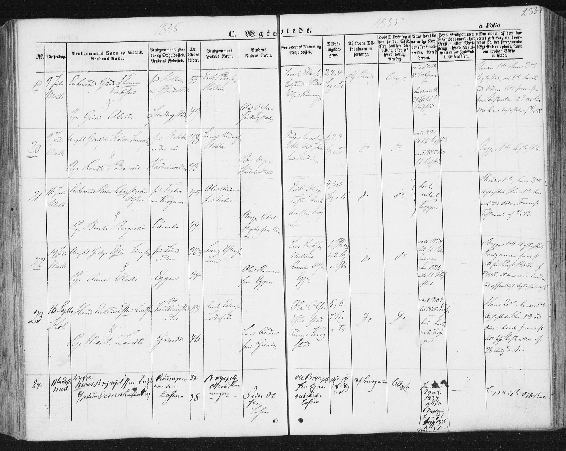 Ministerialprotokoller, klokkerbøker og fødselsregistre - Sør-Trøndelag, AV/SAT-A-1456/691/L1076: Parish register (official) no. 691A08, 1852-1861, p. 283