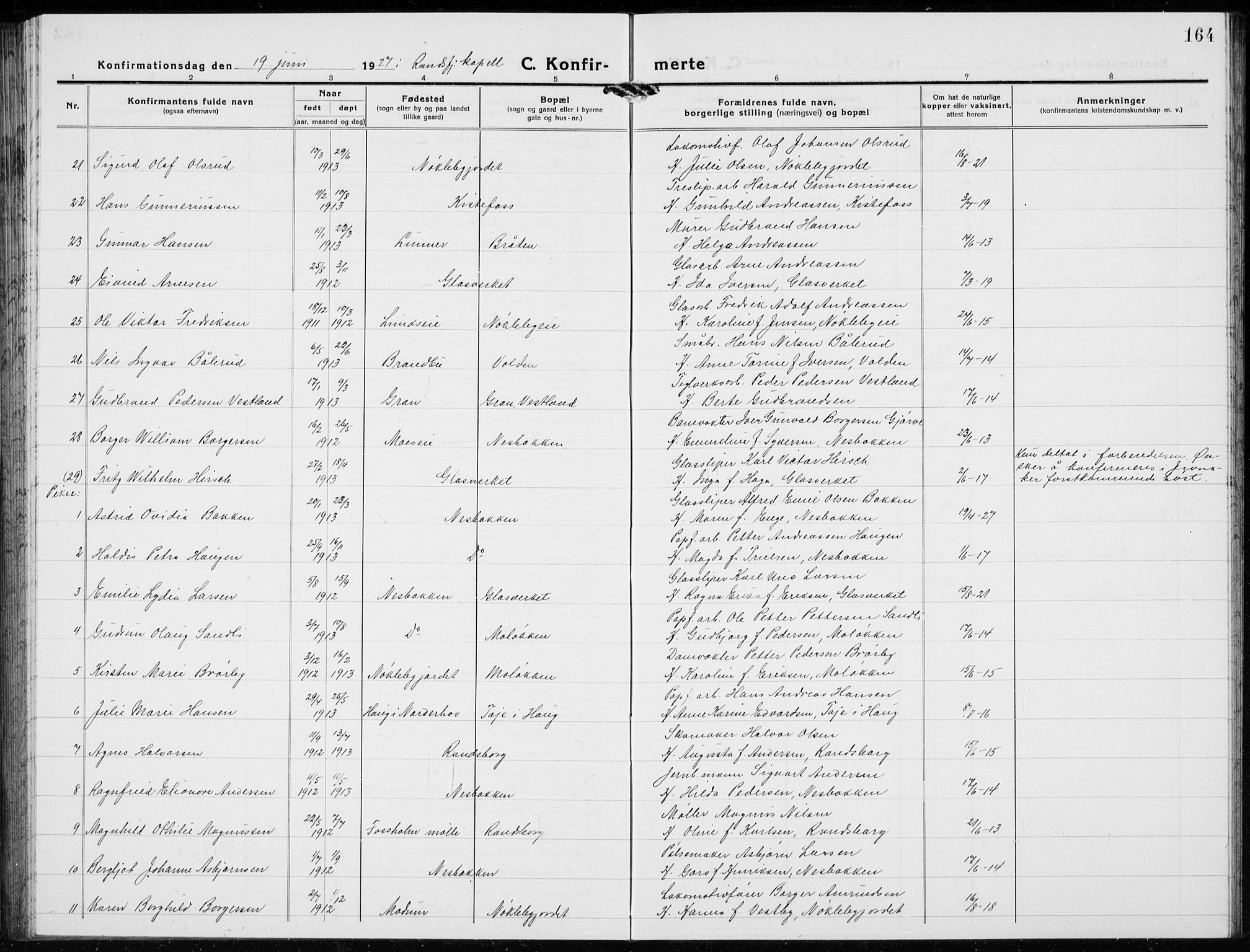 Jevnaker prestekontor, SAH/PREST-116/H/Ha/Hab/L0005: Parish register (copy) no. 5, 1919-1934, p. 164