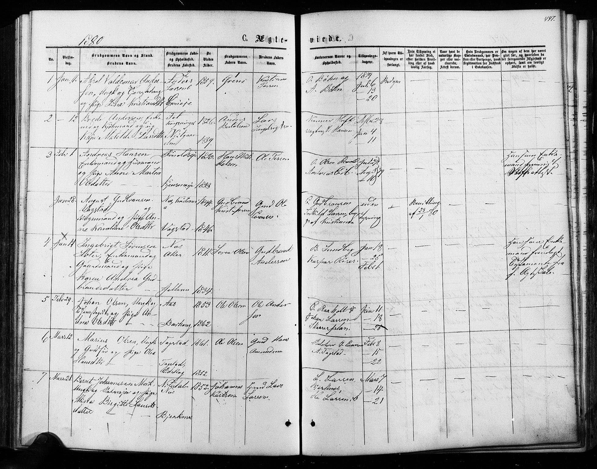 Nes prestekontor Kirkebøker, AV/SAO-A-10410/F/Fa/L0009: Parish register (official) no. I 9, 1875-1882, p. 447