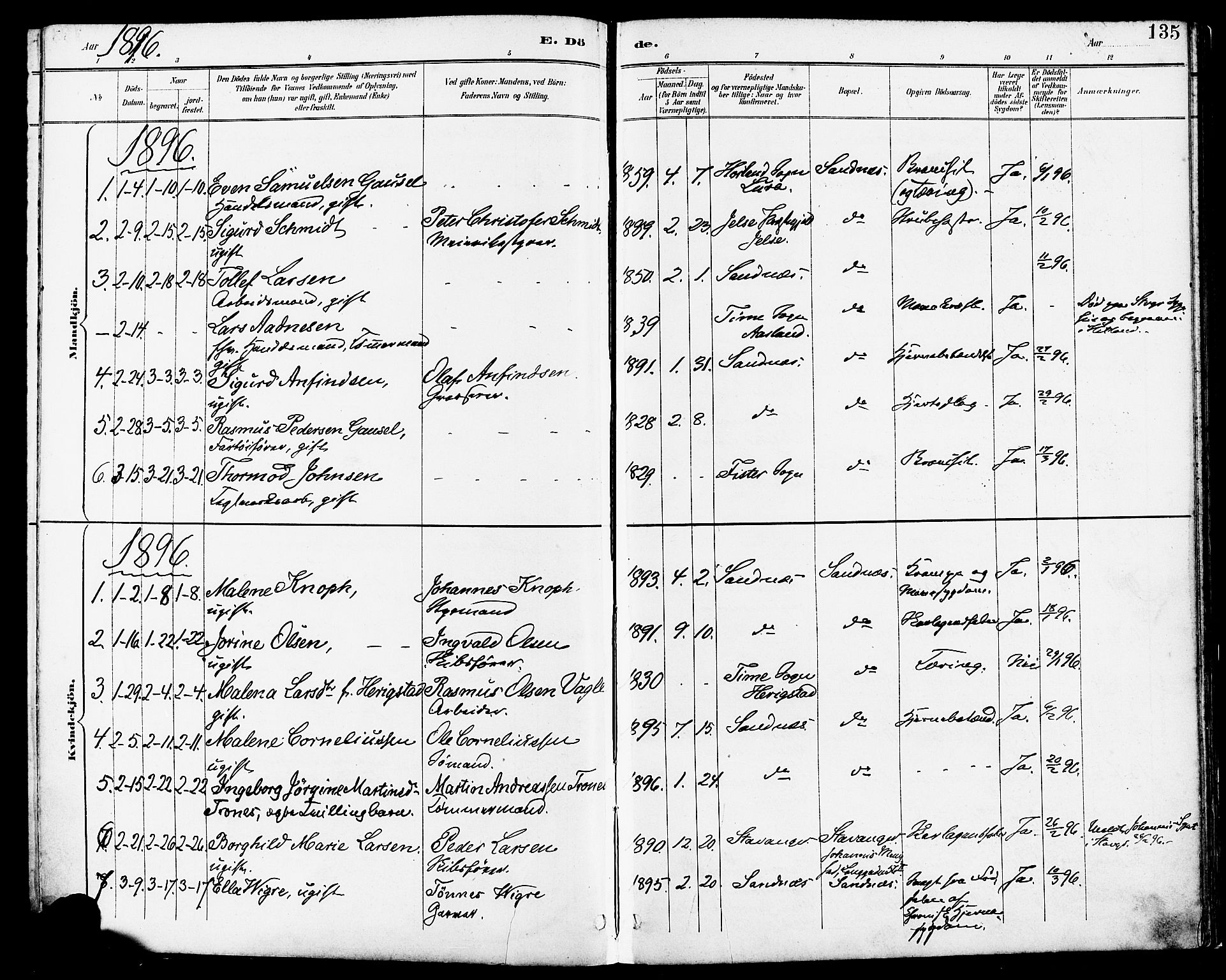 Høyland sokneprestkontor, AV/SAST-A-101799/001/30BA/L0014: Parish register (official) no. A 12, 1890-1898, p. 135