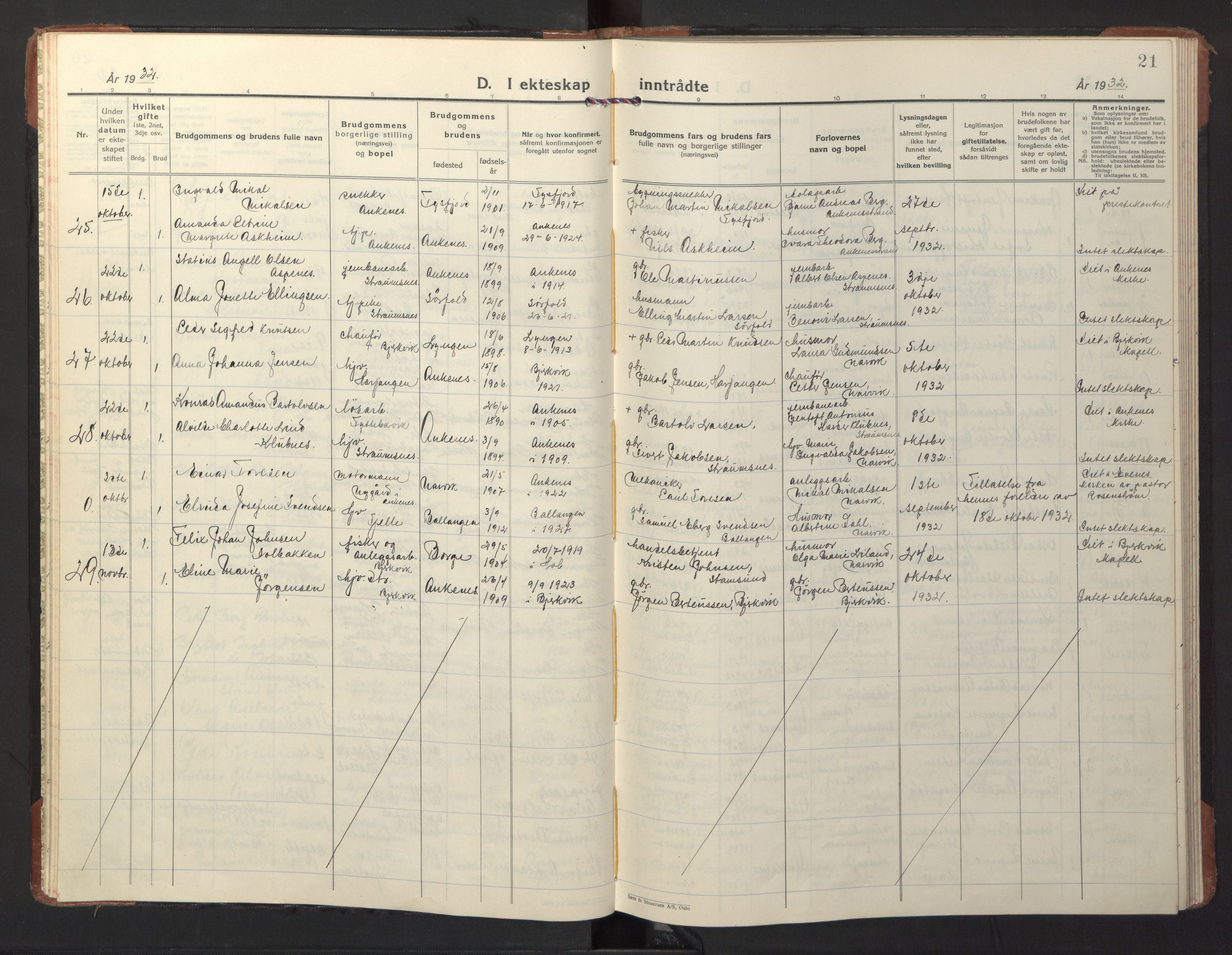 Ministerialprotokoller, klokkerbøker og fødselsregistre - Nordland, AV/SAT-A-1459/866/L0948: Parish register (official) no. 866A11, 1929-1949, p. 21