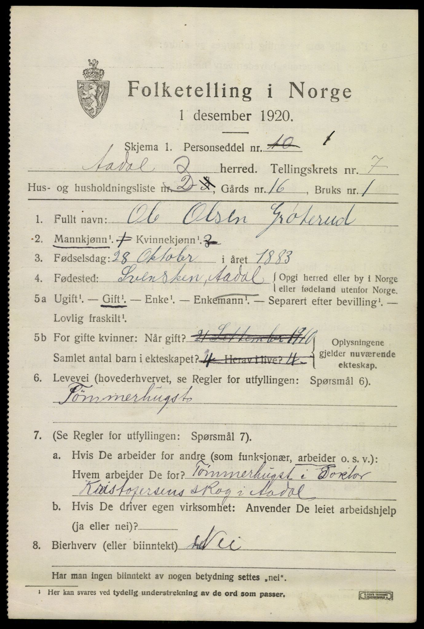 SAKO, 1920 census for Ådal, 1920, p. 5022