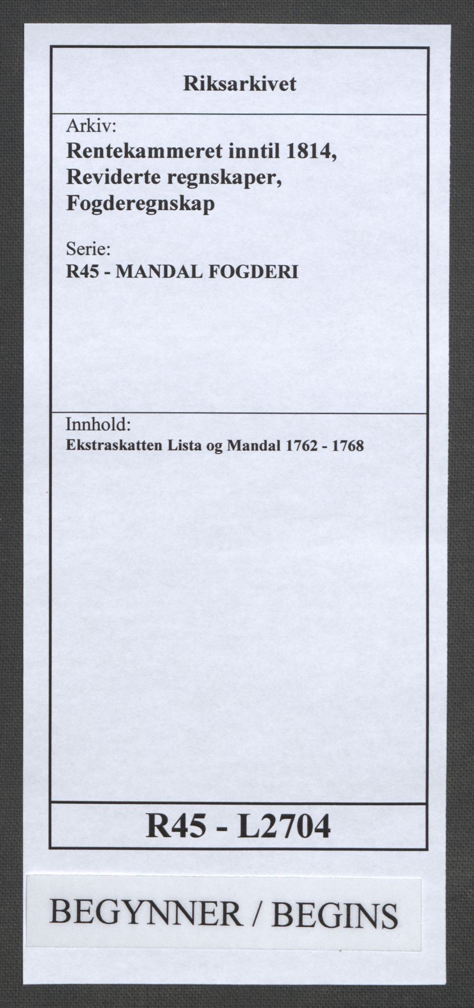 Rentekammeret inntil 1814, Reviderte regnskaper, Fogderegnskap, RA/EA-4092/R45/L2704: Ekstraskatten Lista og Mandal, 1762-1768, p. 1