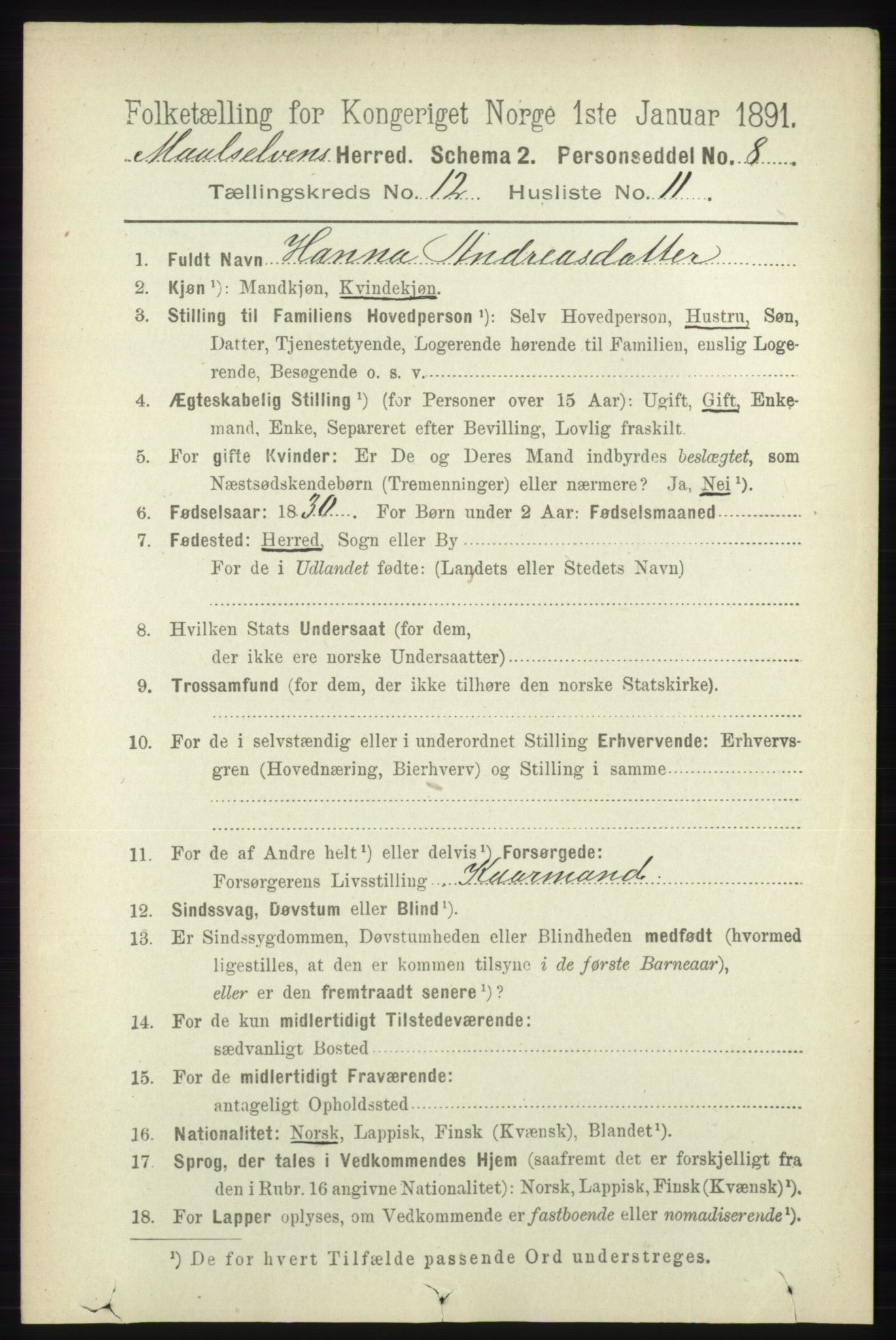 RA, 1891 census for 1924 Målselv, 1891, p. 3864