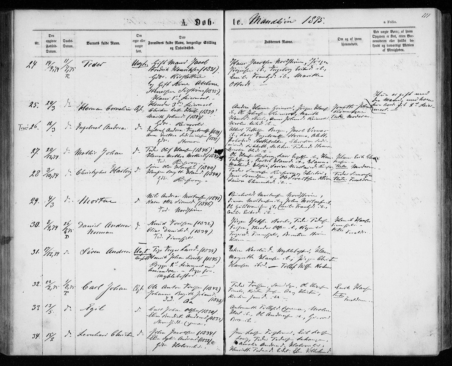 Tranøy sokneprestkontor, AV/SATØ-S-1313/I/Ia/Iaa/L0008kirke: Parish register (official) no. 8, 1867-1877, p. 111